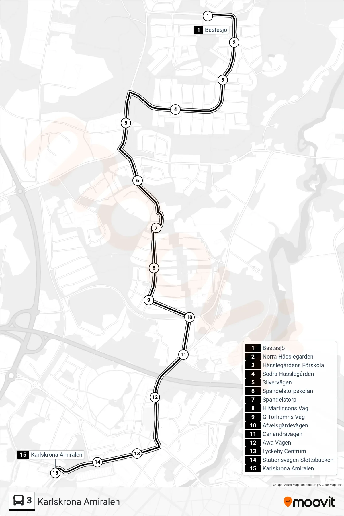 Rutt och hållplatser på karta för linje 3 spårvagn, (Karlskrona Amiralen)