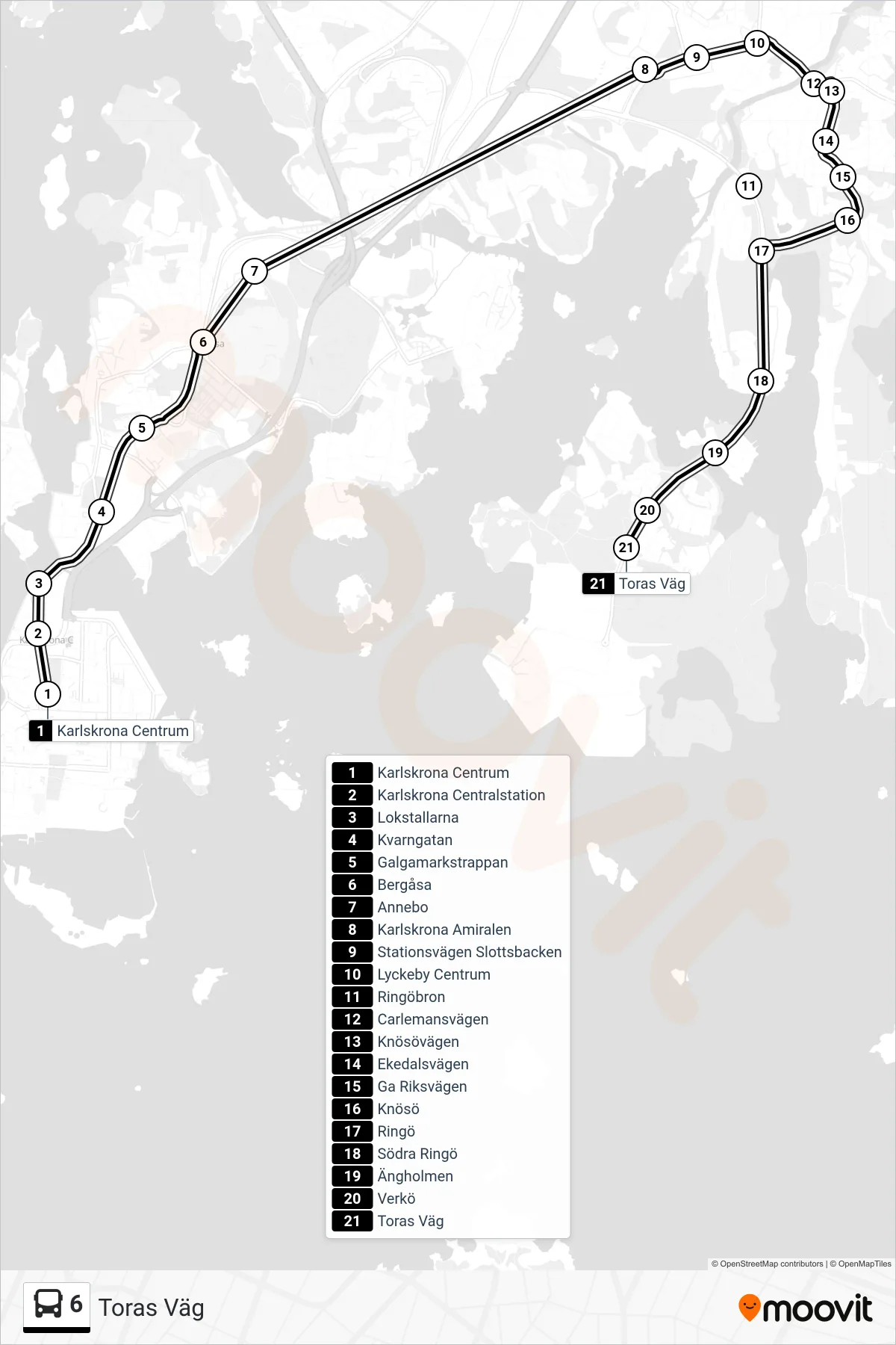 Rutt och hållplatser på karta för linje 6 spårvagn, (Toras Väg)