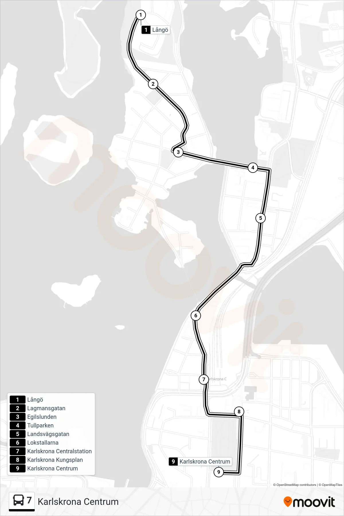 Rutt och hållplatser på karta för linje 7  spårvagn, (Karlskrona Centrum)