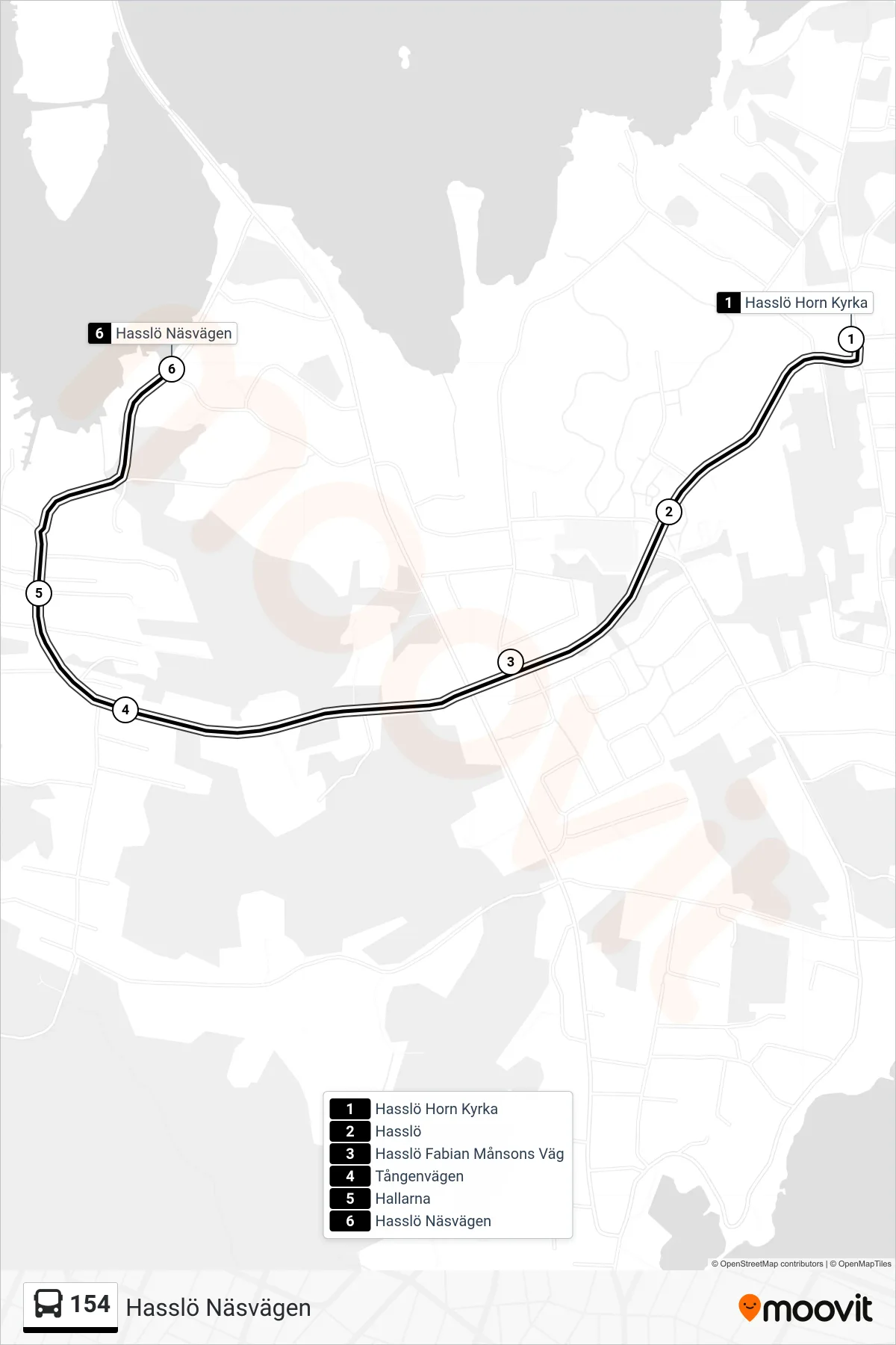 Rutt och hållplatser på karta för linje 154 spårvagn, (Hasslö Näsvägen)