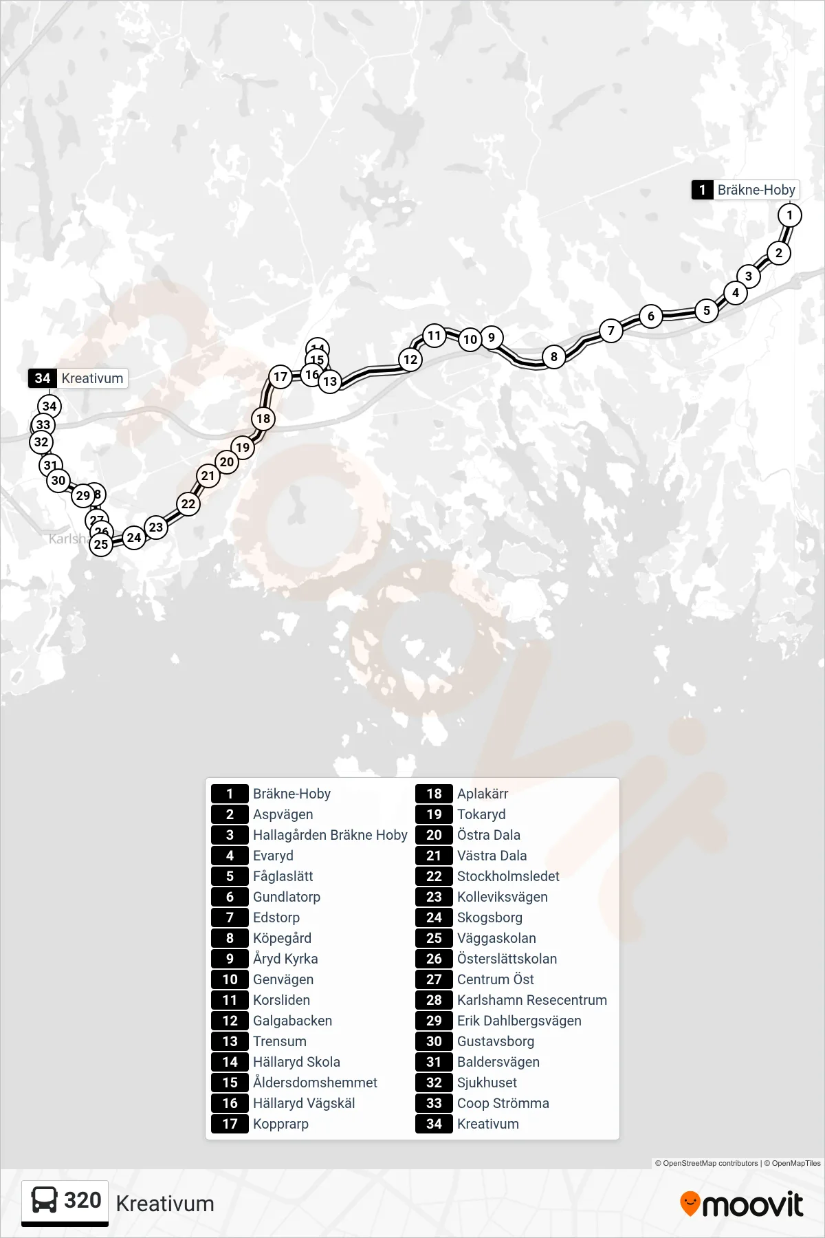 Rutt och hållplatser på karta för linje 320 spårvagn, (Kreativum)