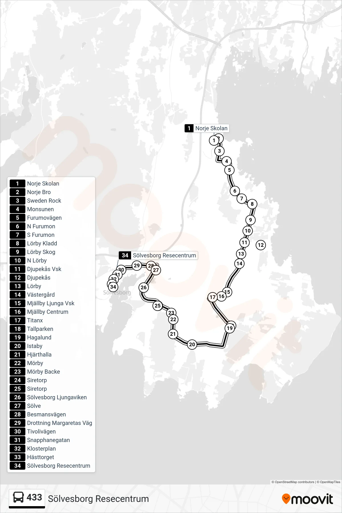 Rutt och hållplatser på karta för linje 433 spårvagn, (Sölvesborg Resecentrum)