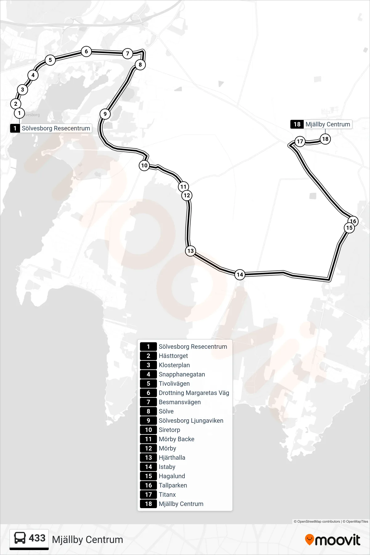 Rutt och hållplatser på karta för linje 433  spårvagn, (Mjällby Centrum)