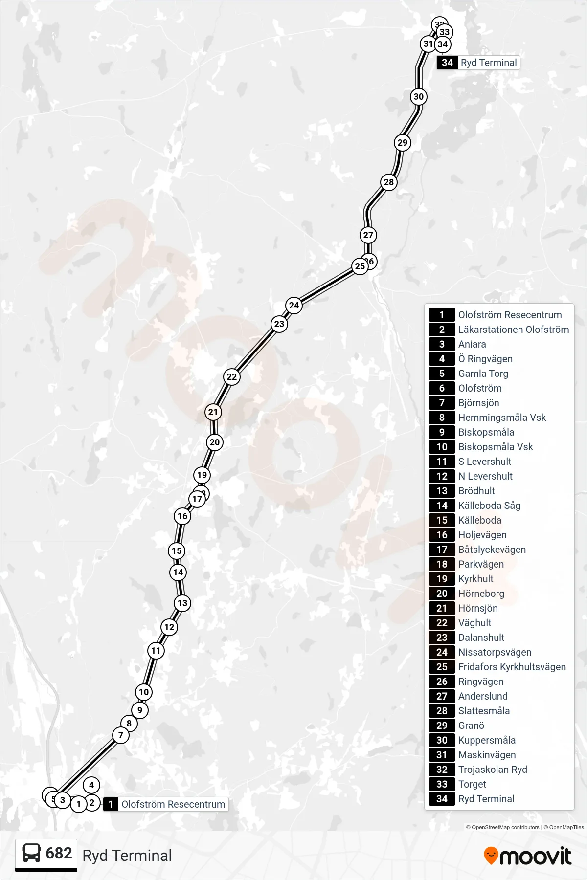 Rutt och hållplatser på karta för linje 682 spårvagn, (Ryd Terminal)