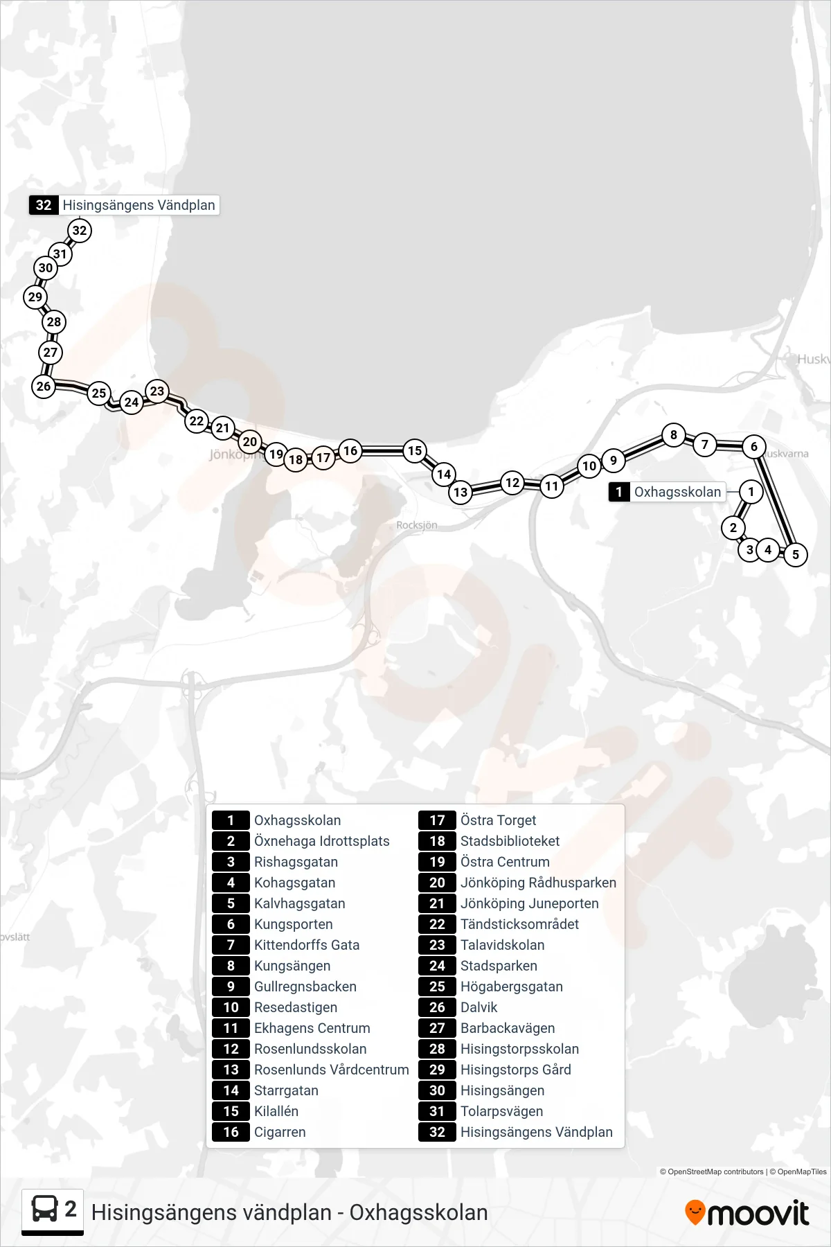 Rutt och hållplatser på karta för linje 2 buss, (Hisingsängens Vändplan)