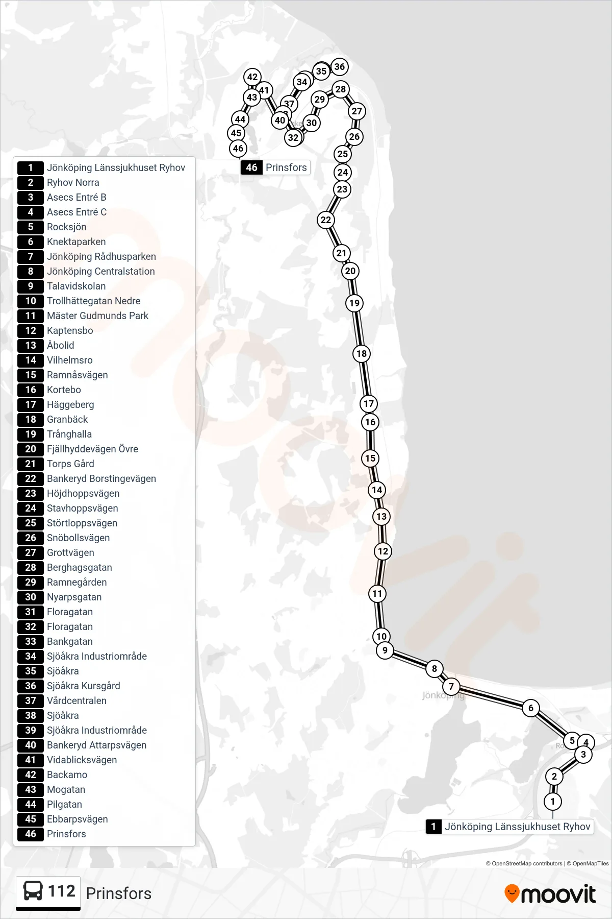 Rutt och hållplatser på karta för linje 112  buss, (Prinsfors)