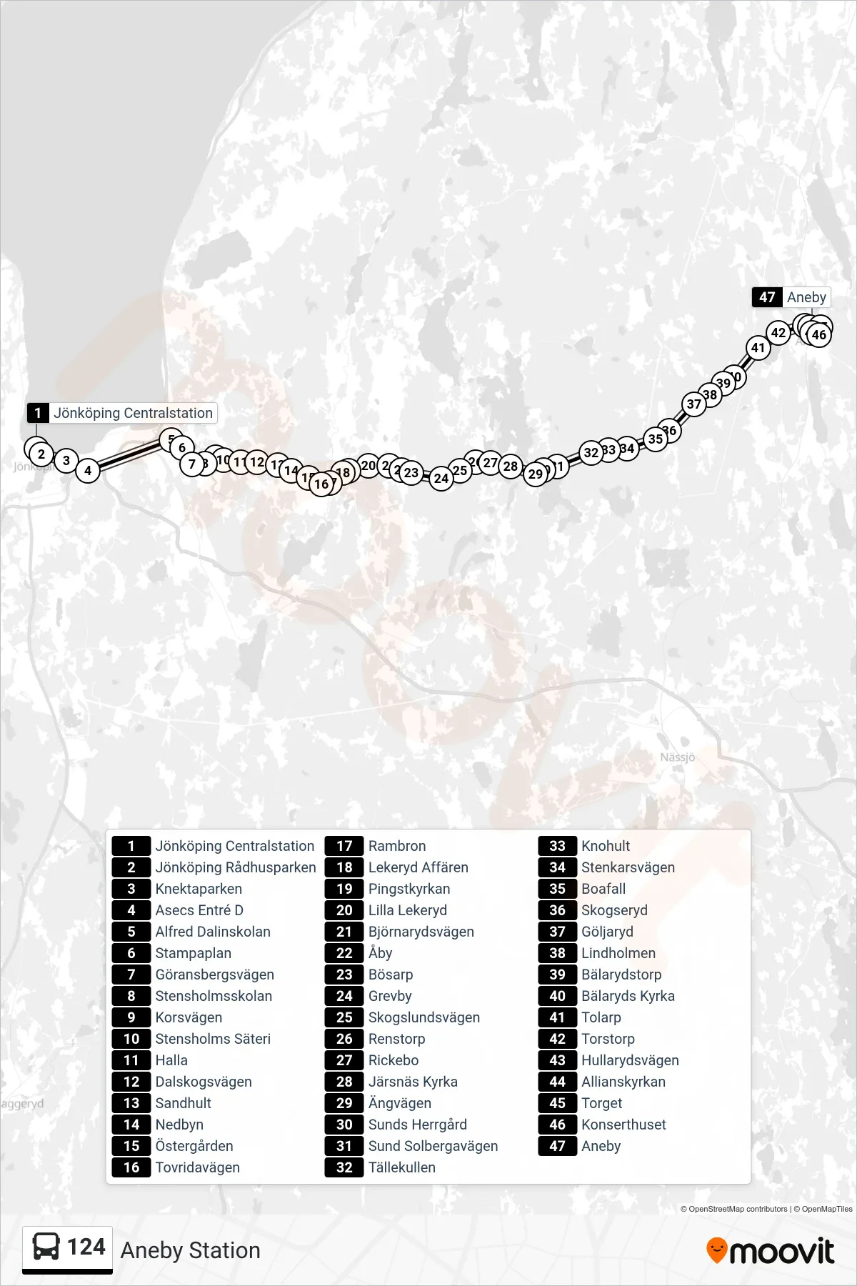 Rutt och hållplatser på karta för linje 124  buss, (Aneby Station)