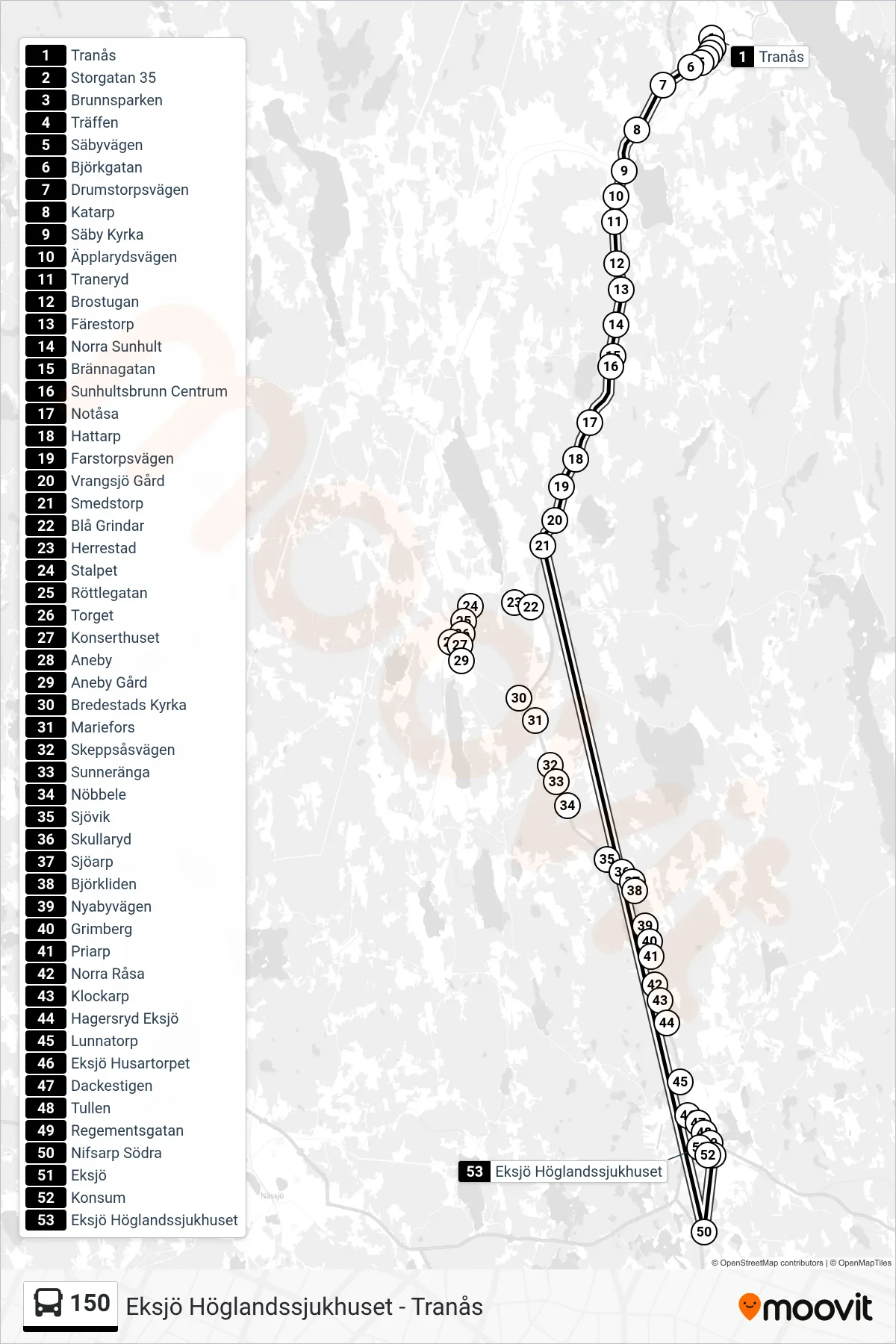 Rutt och hållplatser på karta för linje 150  buss, (Eksjö Höglandssjukhuset)