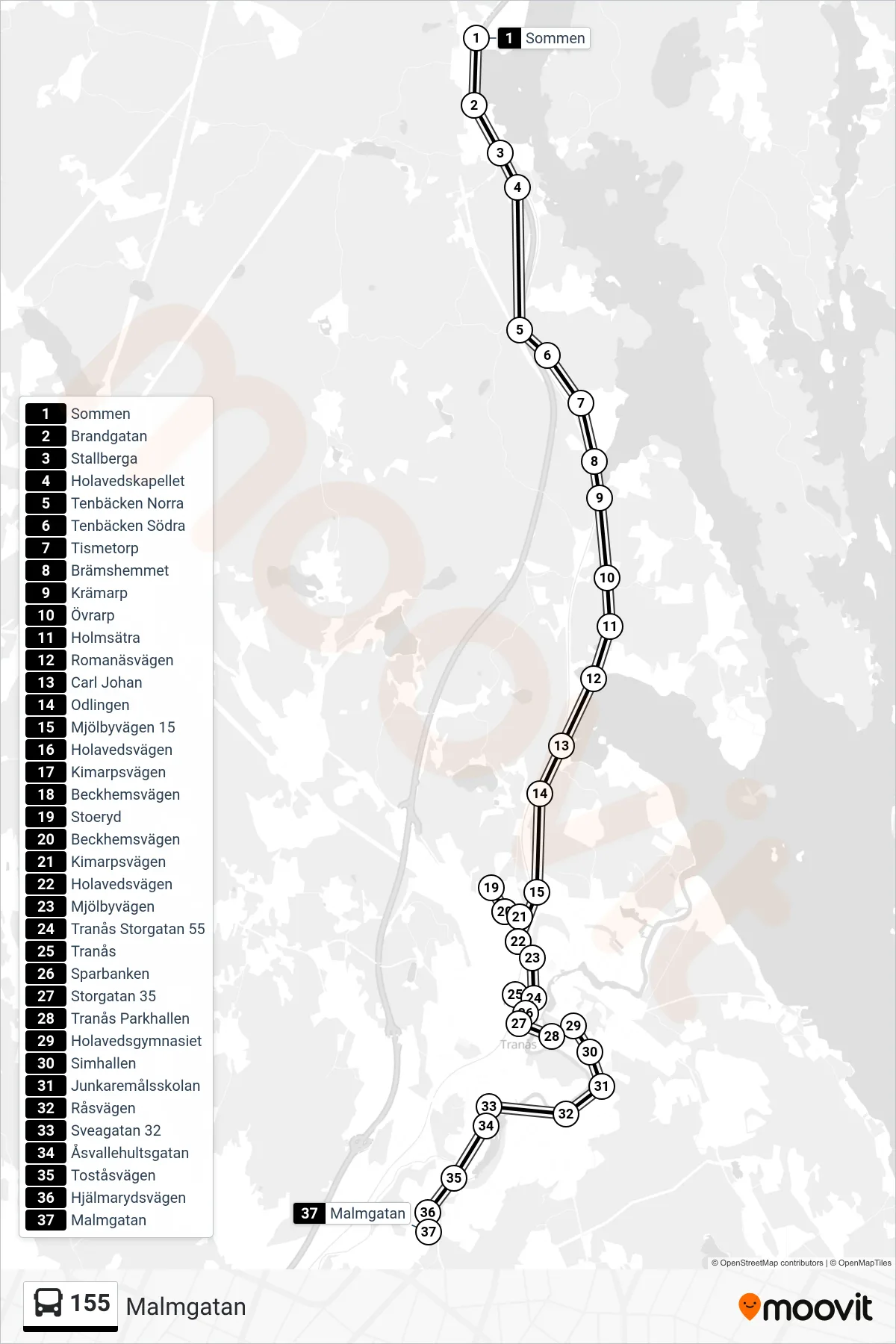 Rutt och hållplatser på karta för linje 155 buss, (Malmgatan)