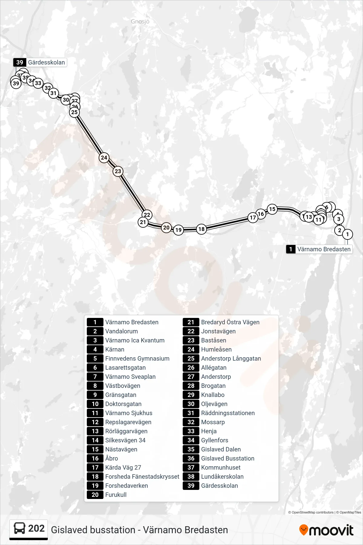 Rutt och hållplatser på karta för linje 202 buss, (Gärdesskolan)