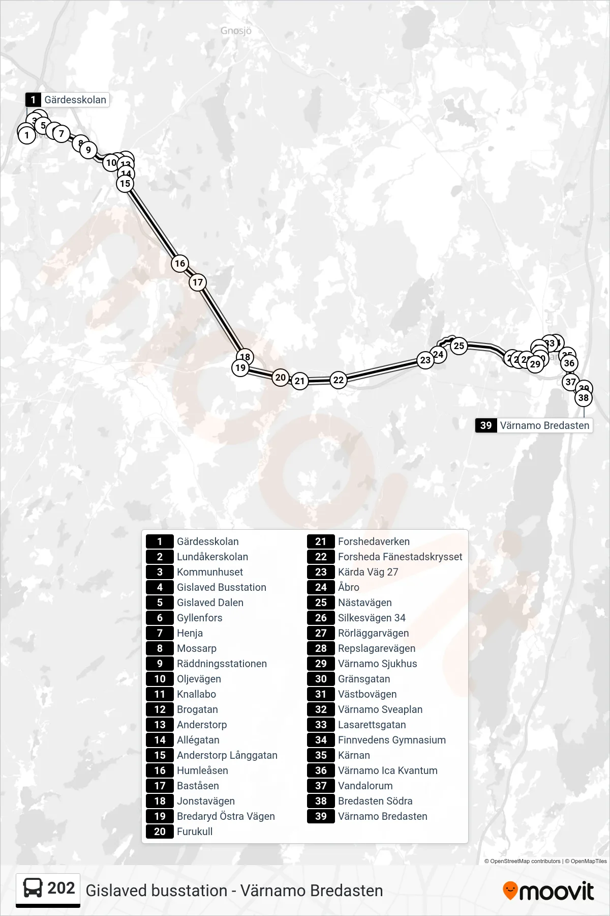 Rutt och hållplatser på karta för linje 202 buss, (Värnamo Bredasten)