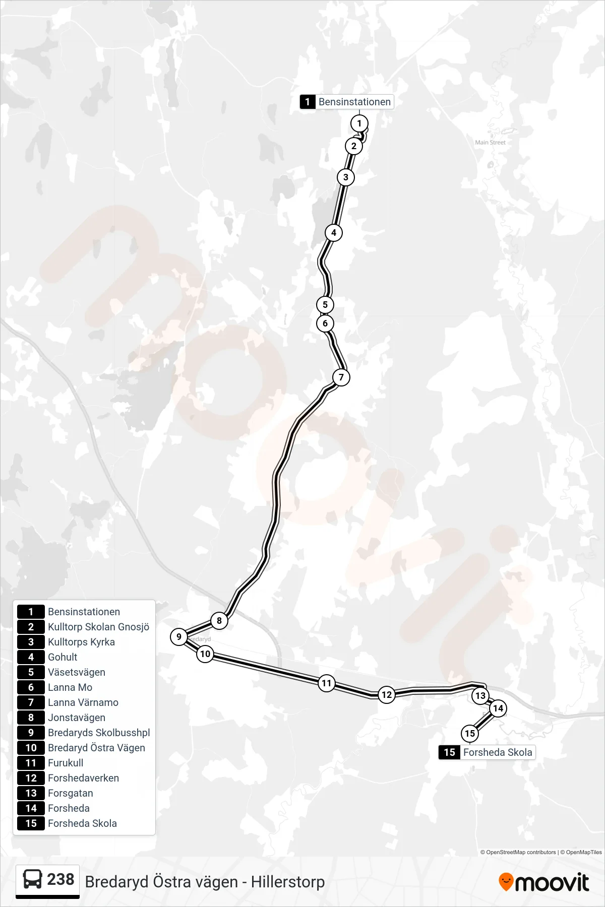 Rutt och hållplatser på karta för linje 238  buss, (Forsheda Skola)