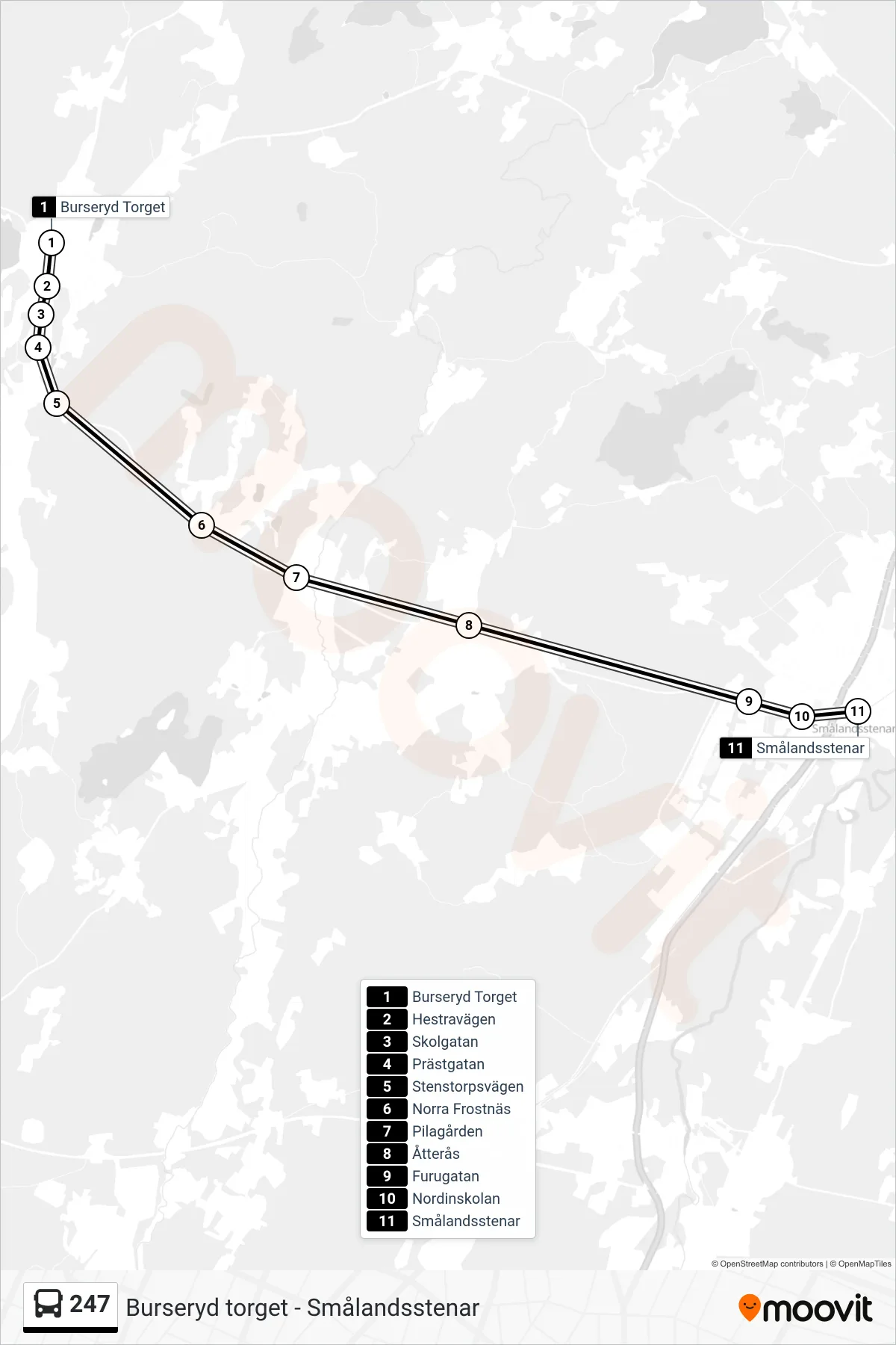 Rutt och hållplatser på karta för linje 247  buss, (Smålandsstenar Station)