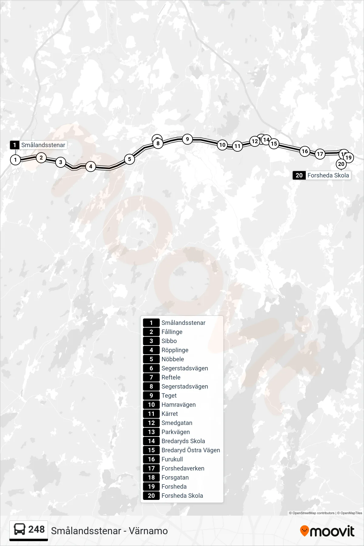 Rutt och hållplatser på karta för linje 248 buss, (Forsheda Skola)
