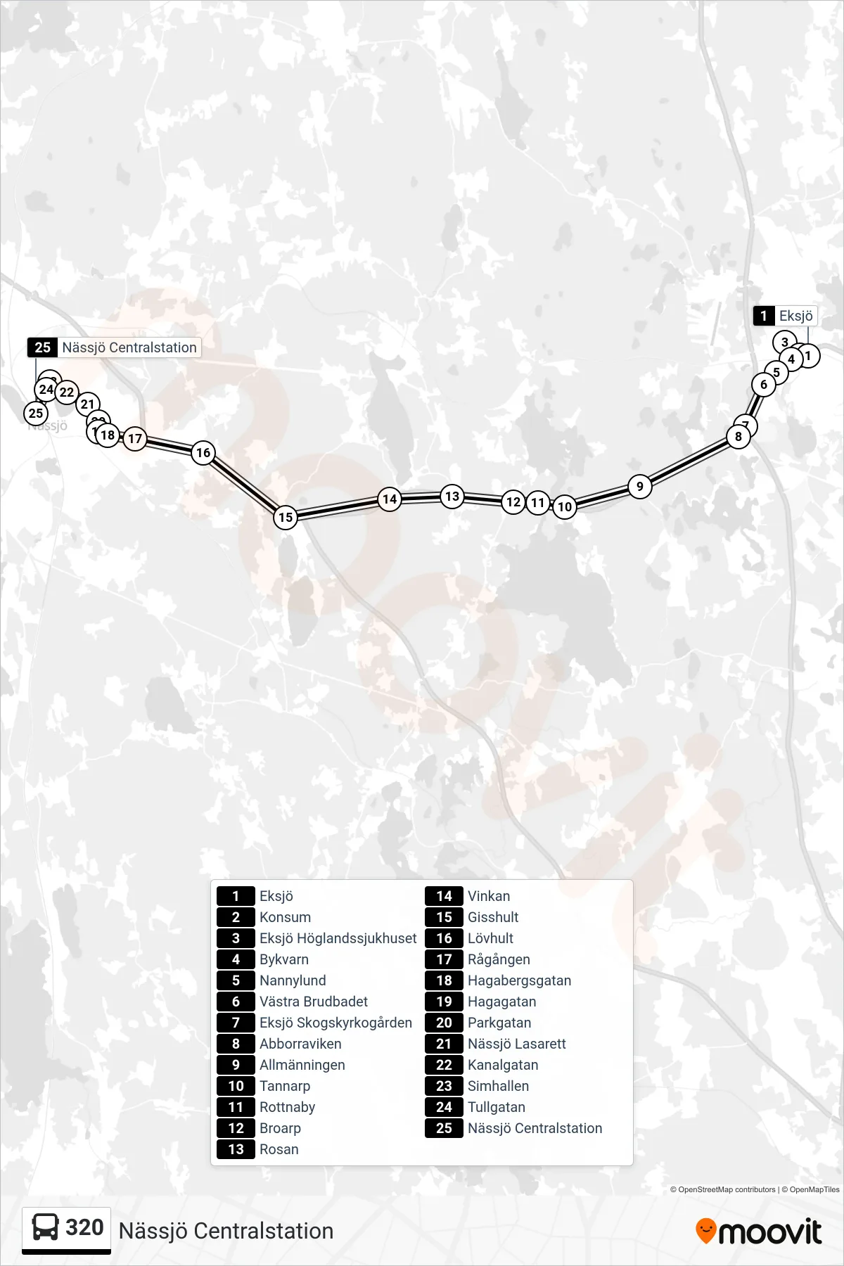 Rutt och hållplatser på karta för linje 320 buss, (Nässjö Centralstation)