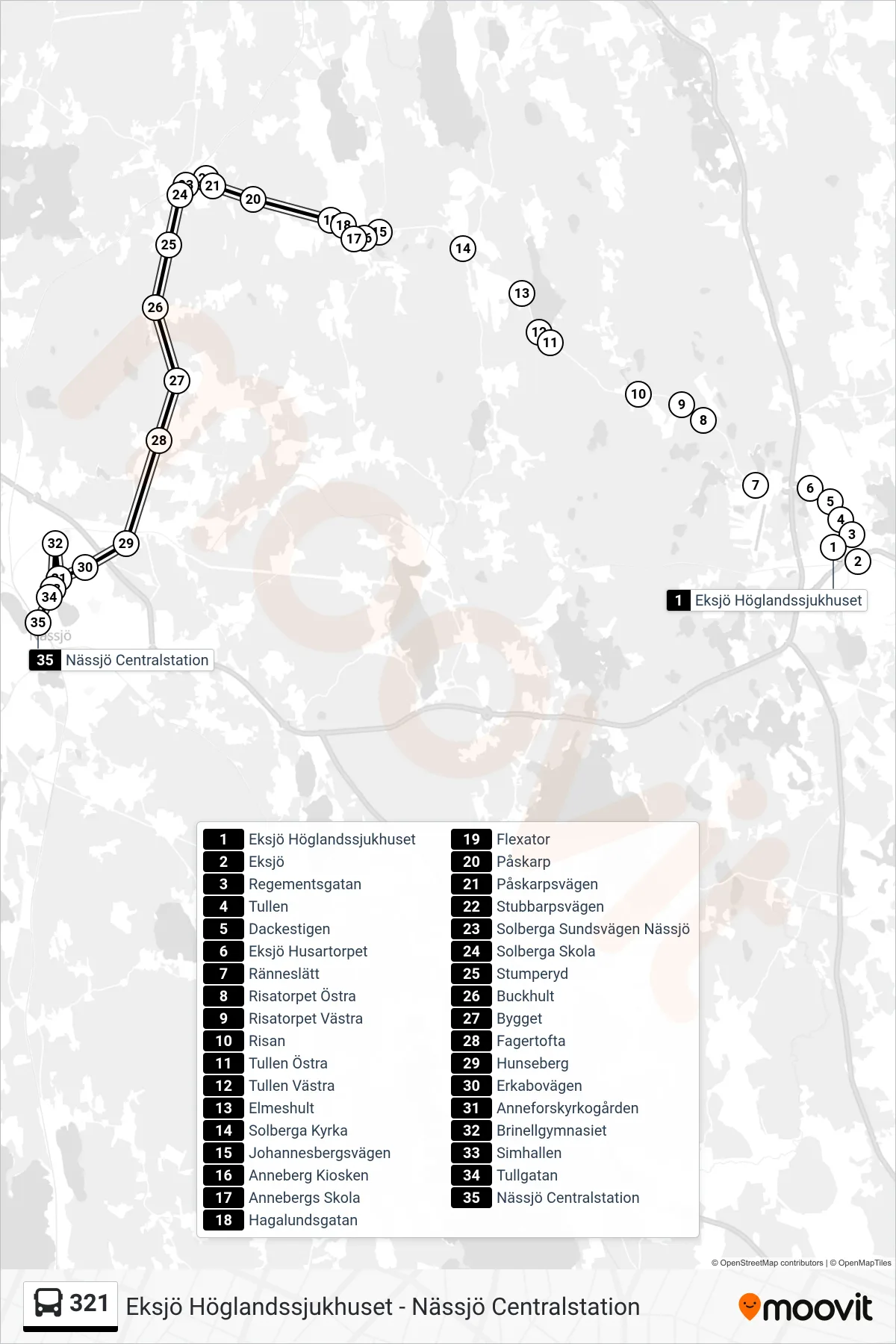 Rutt och hållplatser på karta för linje 321  buss, (Nässjö Centralstation)