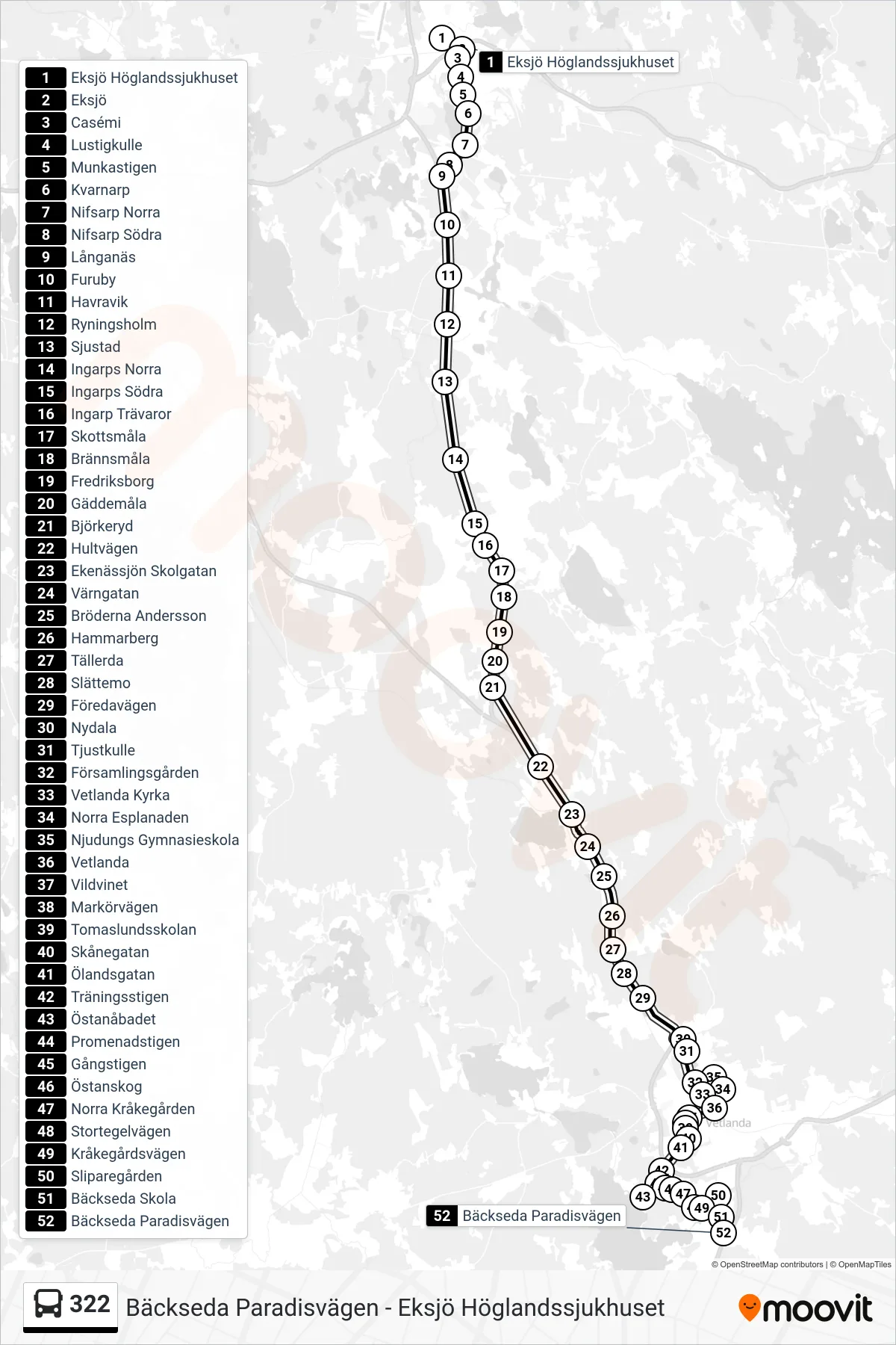 Rutt och hållplatser på karta för linje 322  buss, (Bäckseda Paradisvägen)