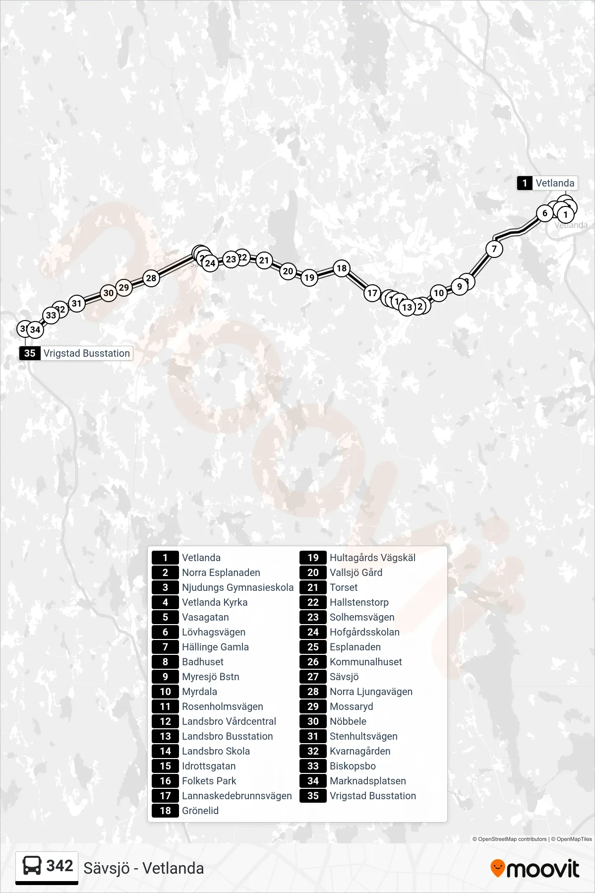 Rutt och hållplatser på karta för linje 342  buss, (Vrigstad Busstation)