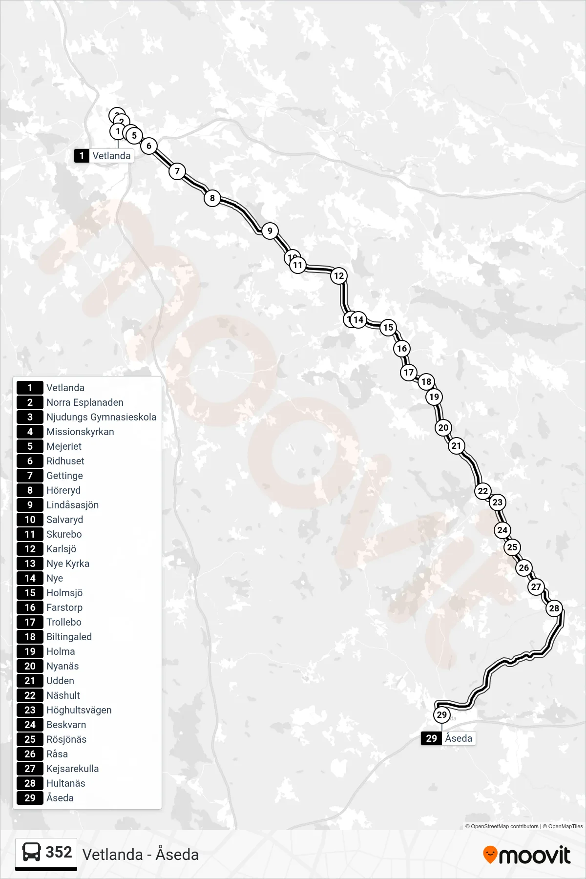 Rutt och hållplatser på karta för linje 352  buss, (Åseda Station)