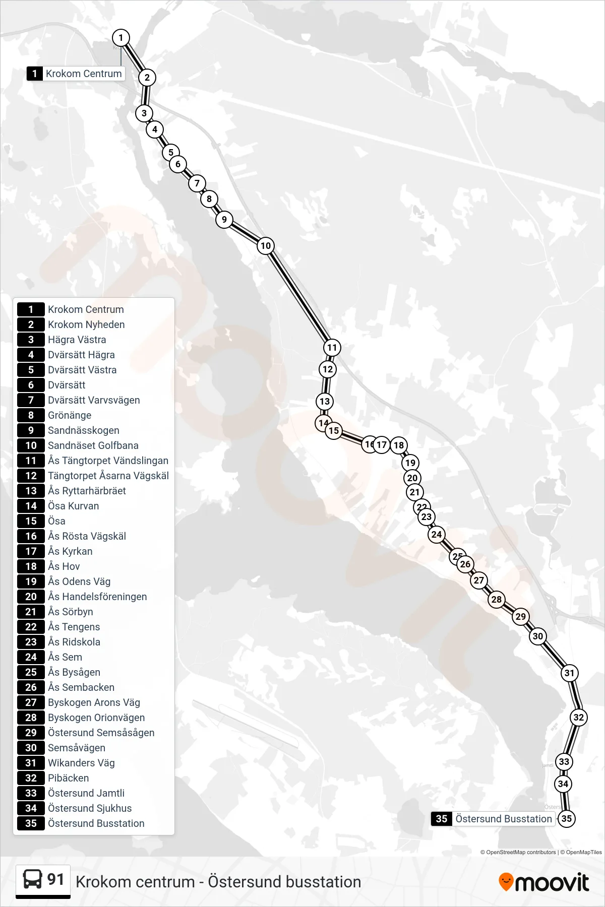 Rutt och hållplatser på karta för linje 91  buss, (Östersund Busstation)