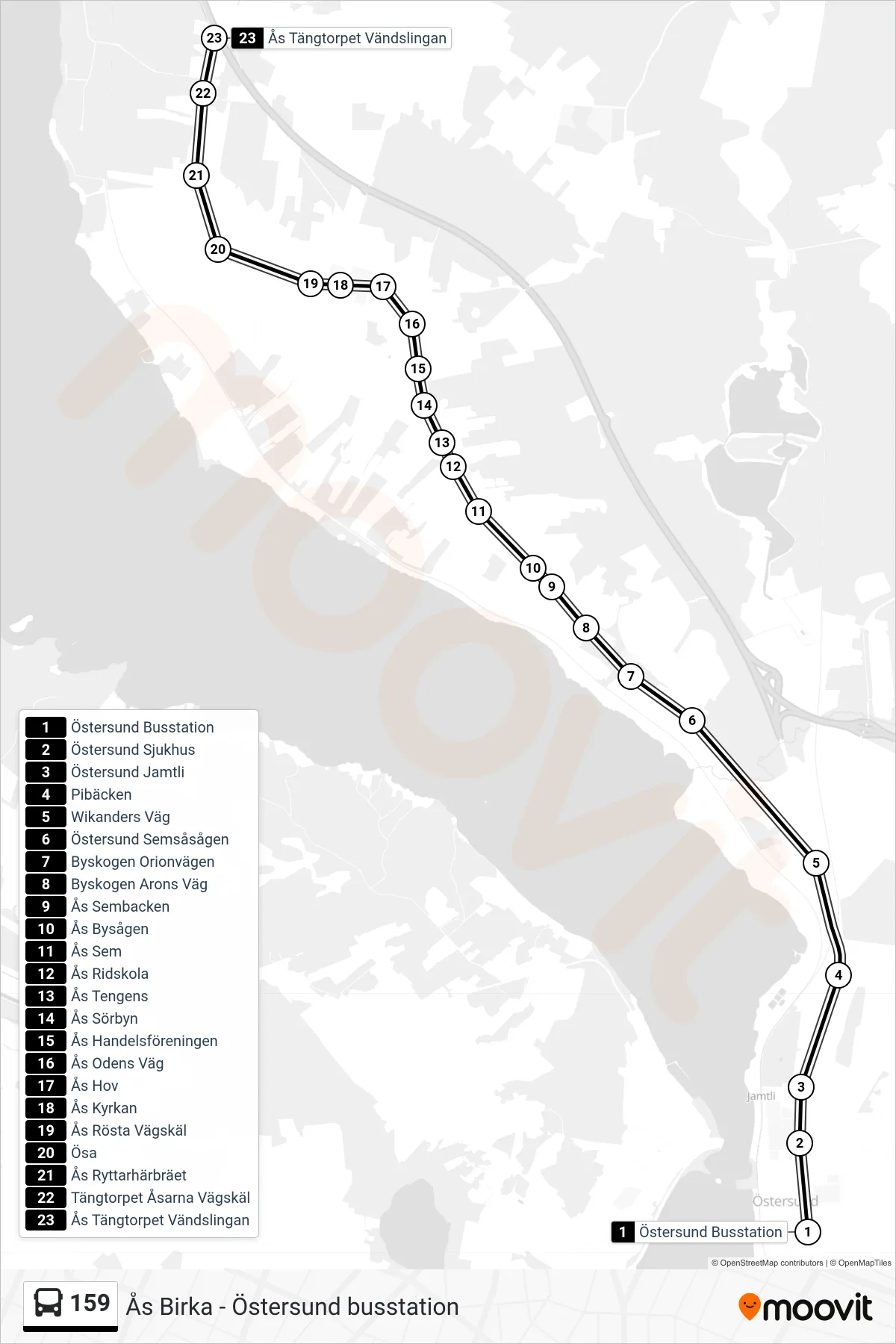 Rutt och hållplatser på karta för linje 159 buss, (Ås Tängtorpet Vändslingan)
