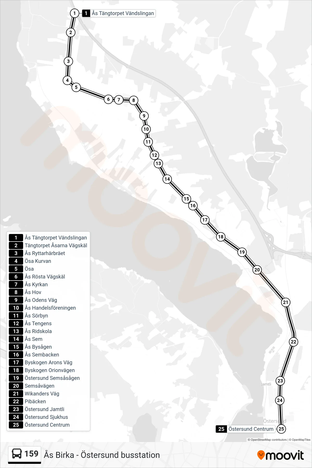 Rutt och hållplatser på karta för linje 159 buss, (Östersund Centrum)