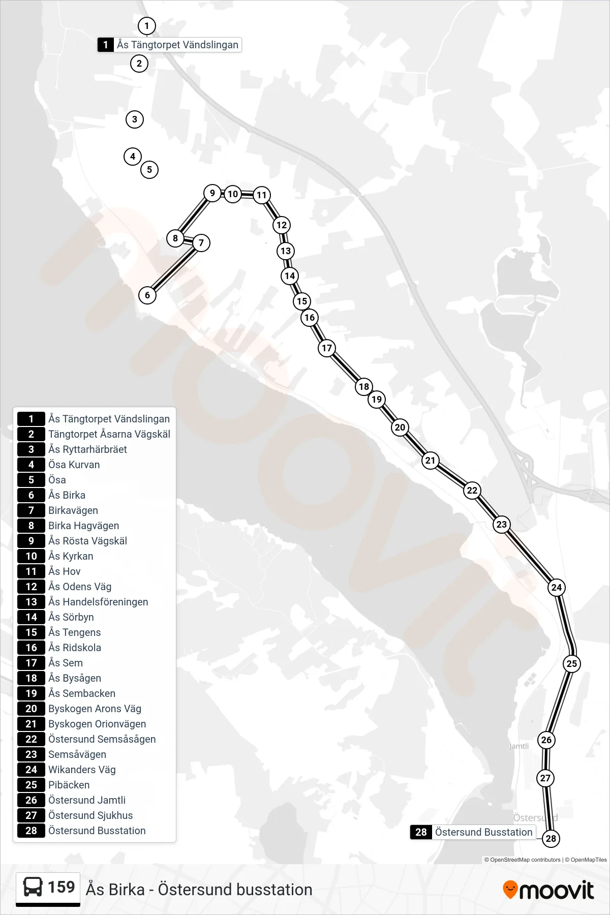 Rutt och hållplatser på karta för linje 159 buss, (Östersund Busstation)