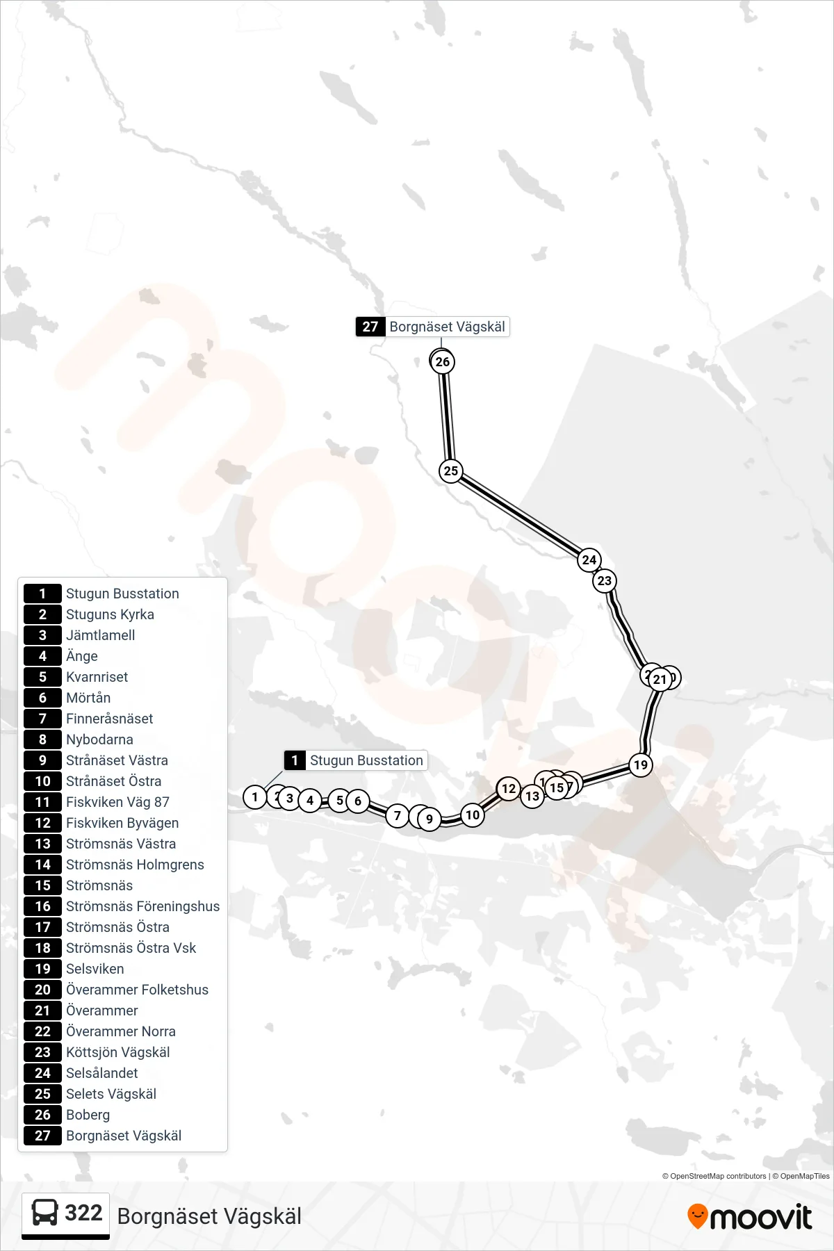 Rutt och hållplatser på karta för linje 322  buss, (Borgnäset Vägskäl)