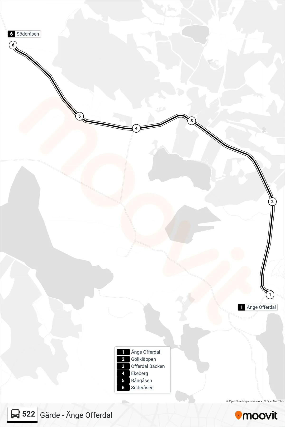 Rutt och hållplatser på karta för linje 522 buss, (Söderåsen)