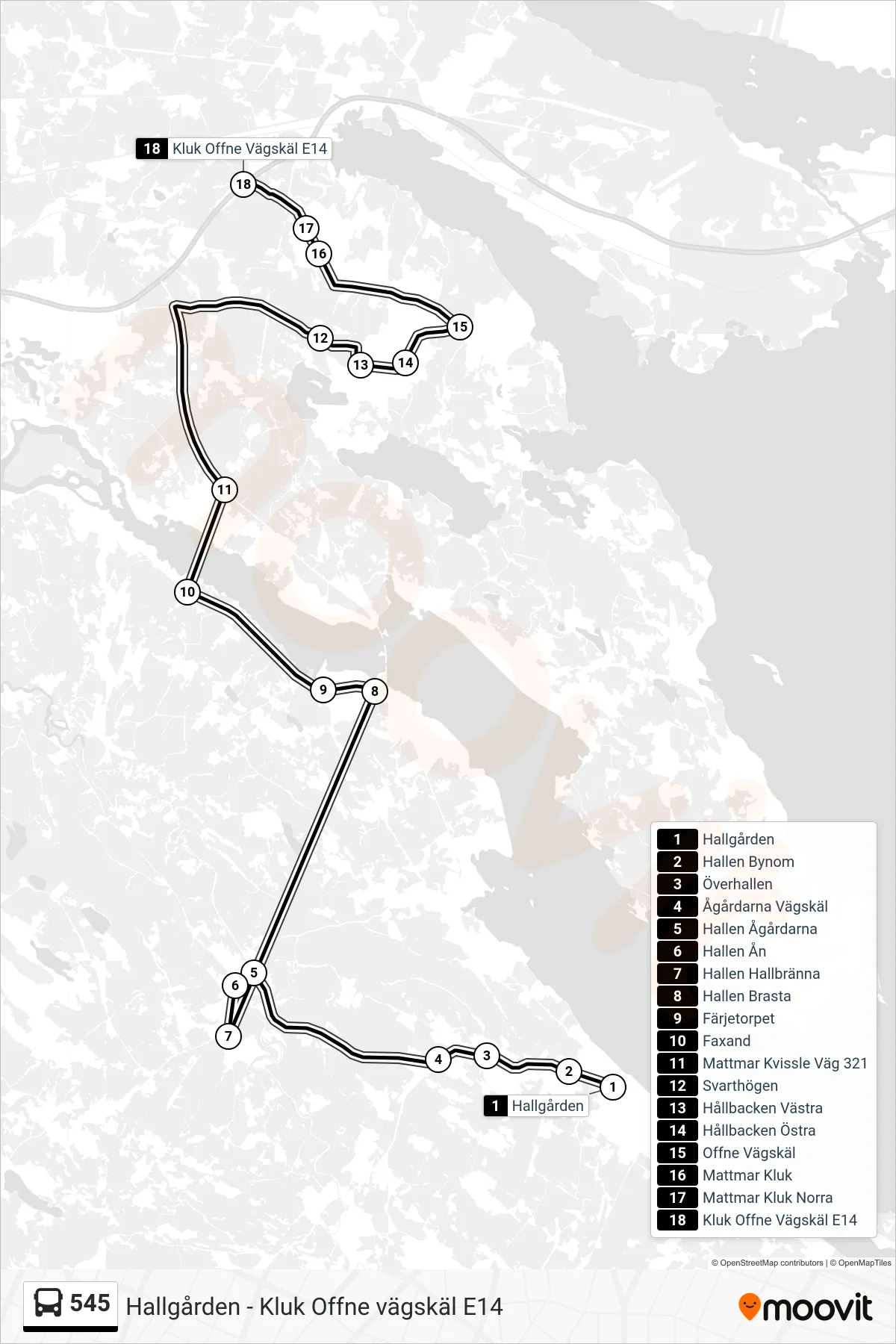 Rutt och hållplatser på karta för linje 545  buss, (Kluk Offne Vägskäl E14)