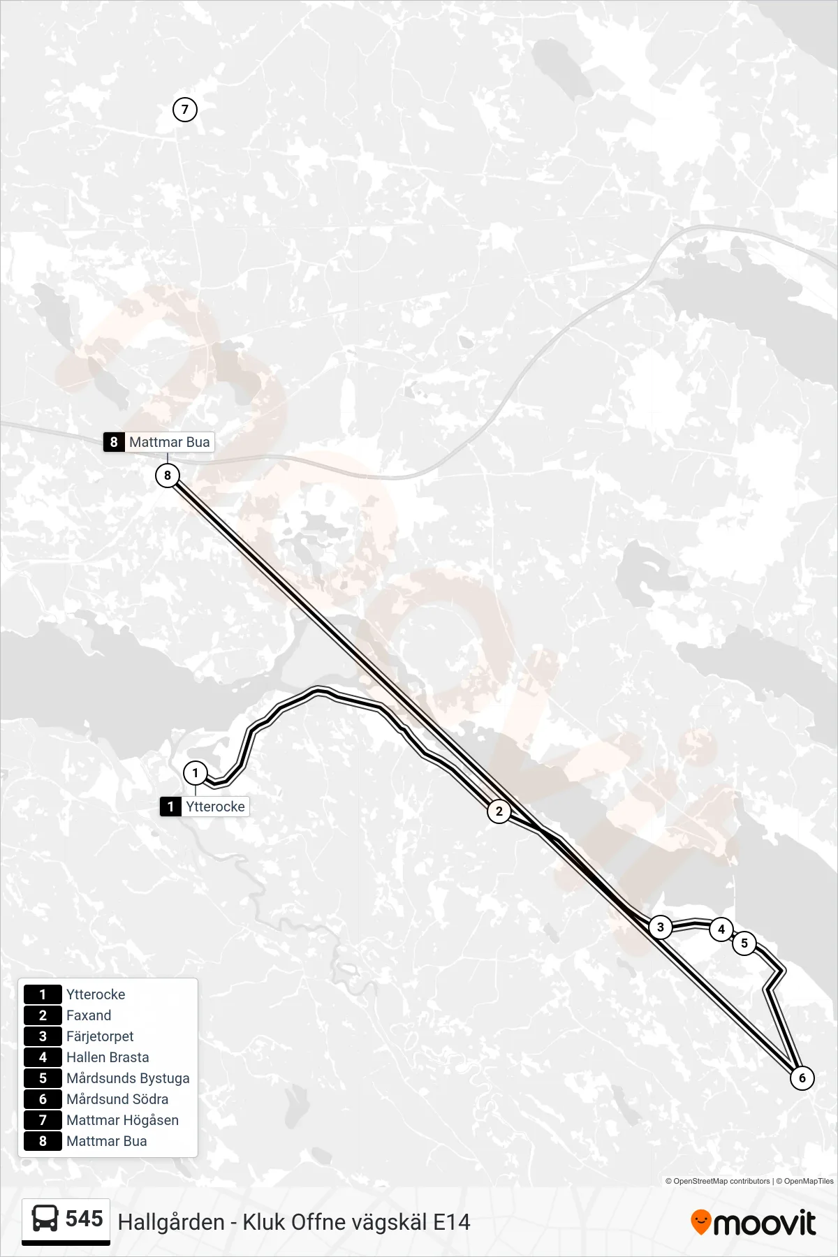 Rutt och hållplatser på karta för linje 545 buss, (Mattmar Bua)