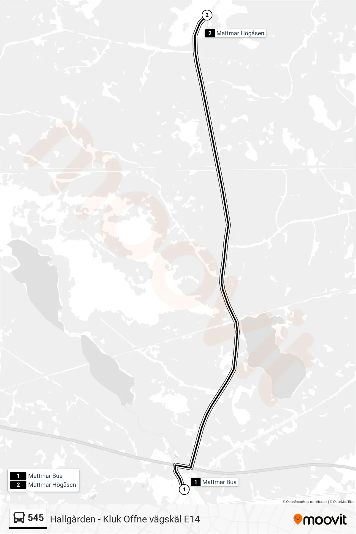 Rutt och hållplatser på karta för linje 545  buss, (Mattmar Högåsen)