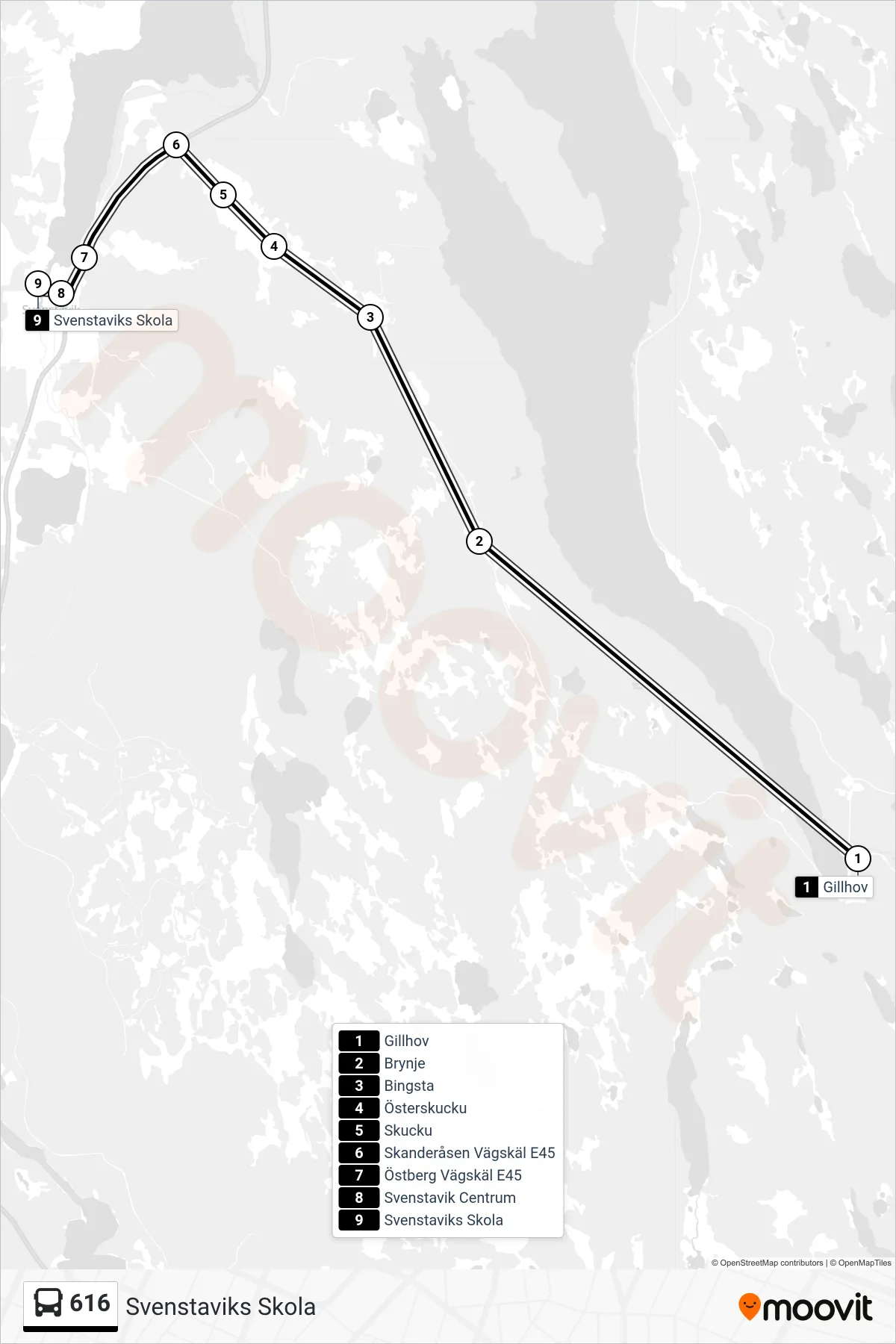 Rutt och hållplatser på karta för linje 616  buss, (Svenstaviks Skola)