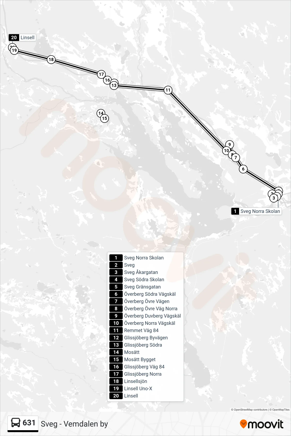 Rutt och hållplatser på karta för linje 631 buss, (Linsell)