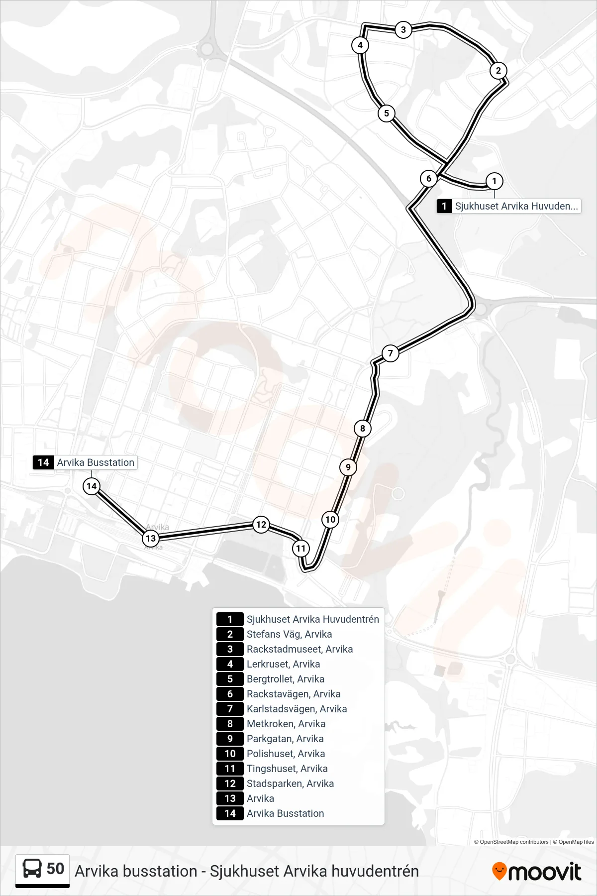 Rutt och hållplatser på karta för linje 50  buss, (Arvika Busstation)