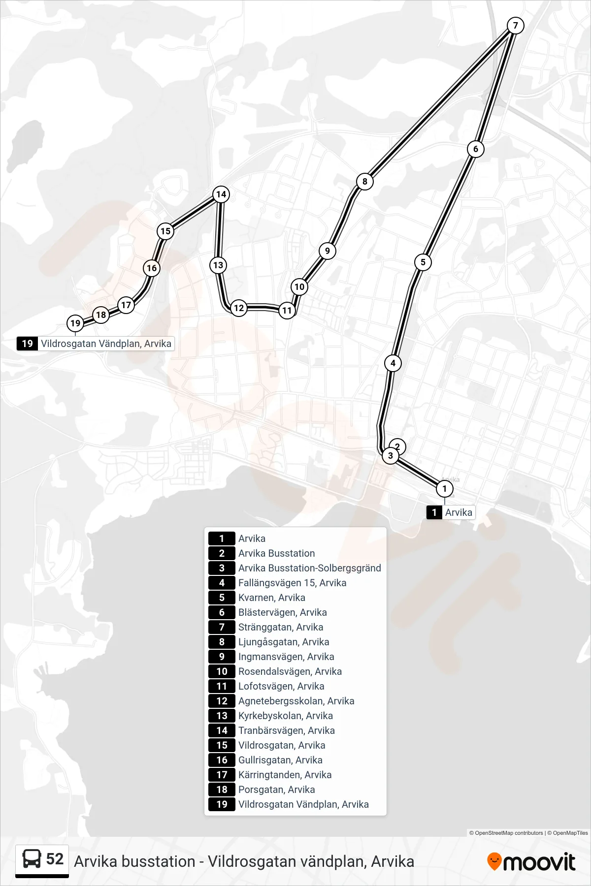 Rutt och hållplatser på karta för linje 52 buss, (Vildrosgatan Vändplan, Arvika)