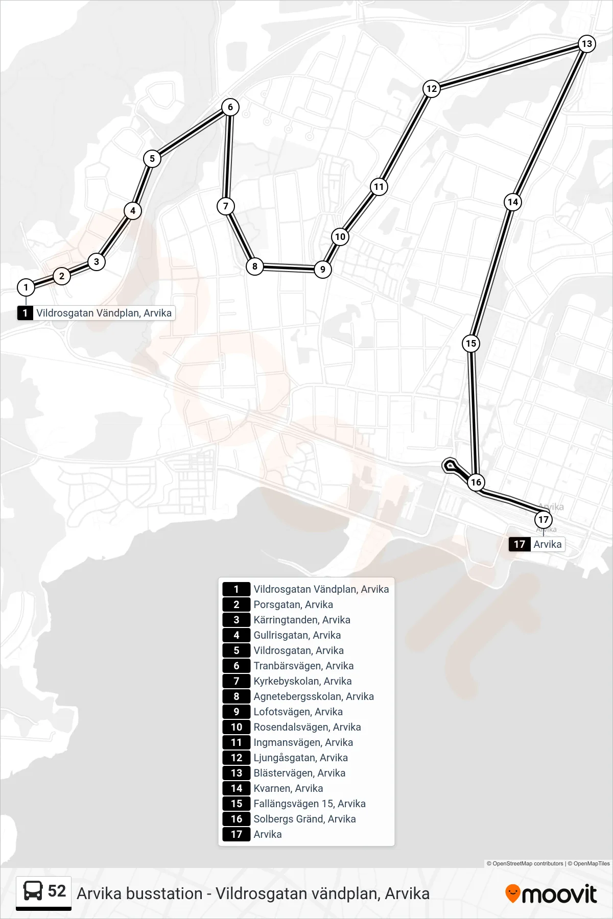 Rutt och hållplatser på karta för linje 52  buss, (Arvika Station)