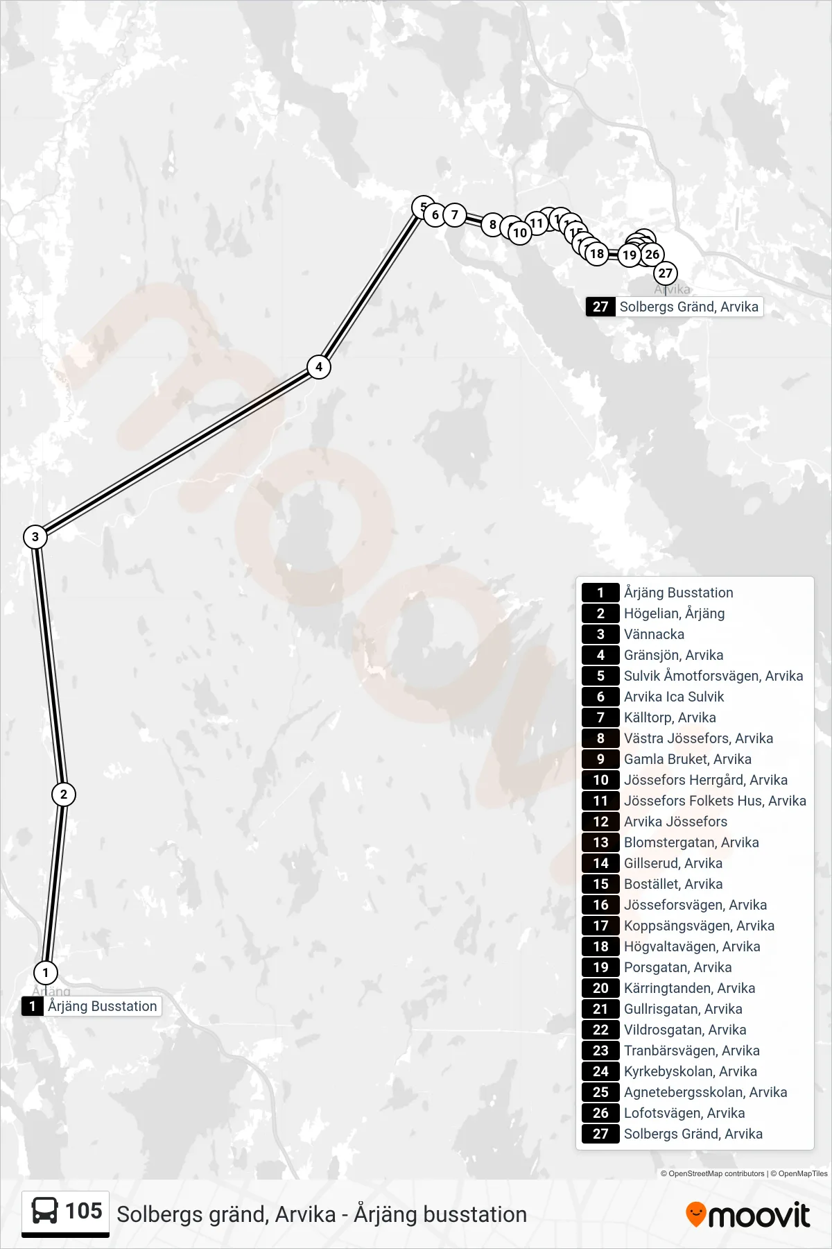 Rutt och hållplatser på karta för linje 105  buss, (Solbergs Gränd, Arvika)