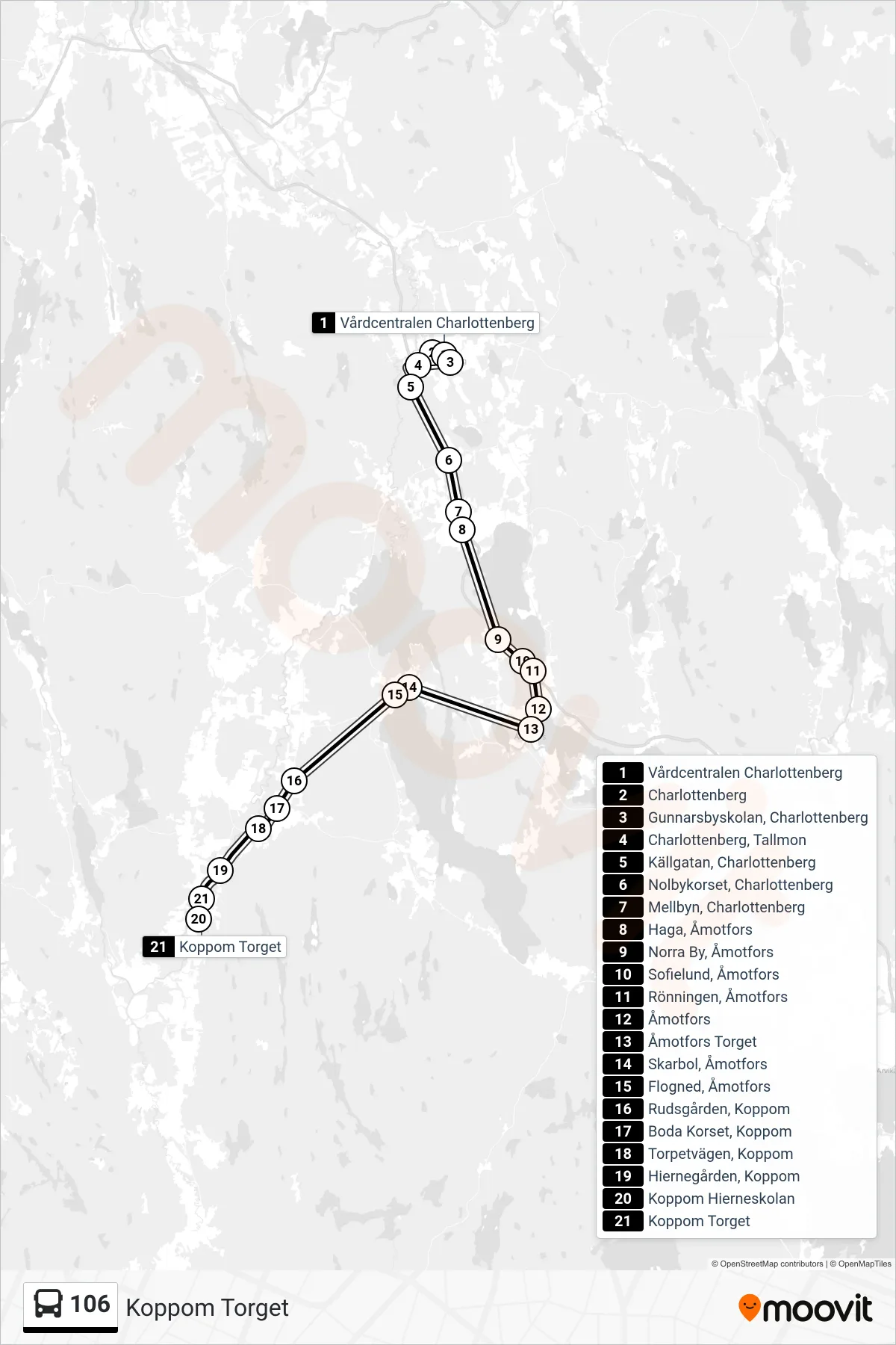 Rutt och hållplatser på karta för linje 106 buss, (Koppom Torget)