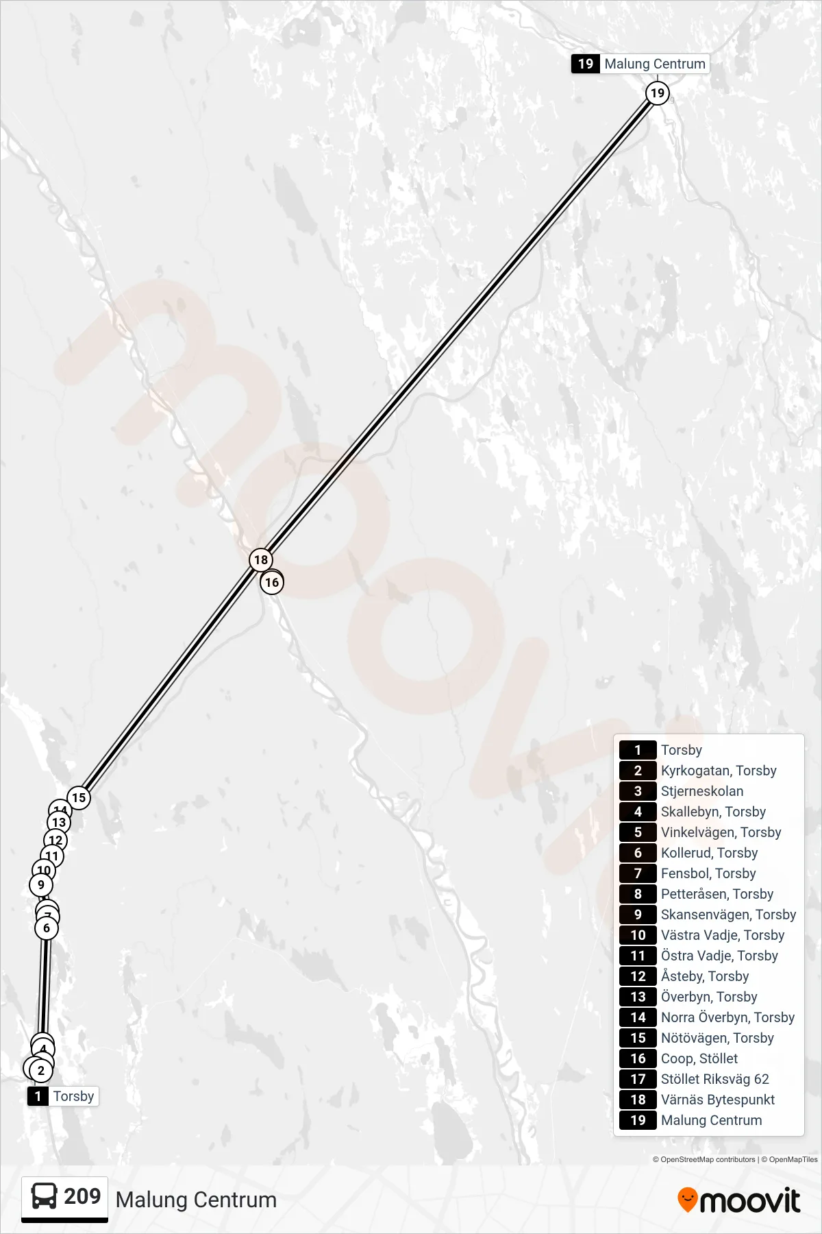 Rutt och hållplatser på karta för linje 209 buss, (Malung Centrum)