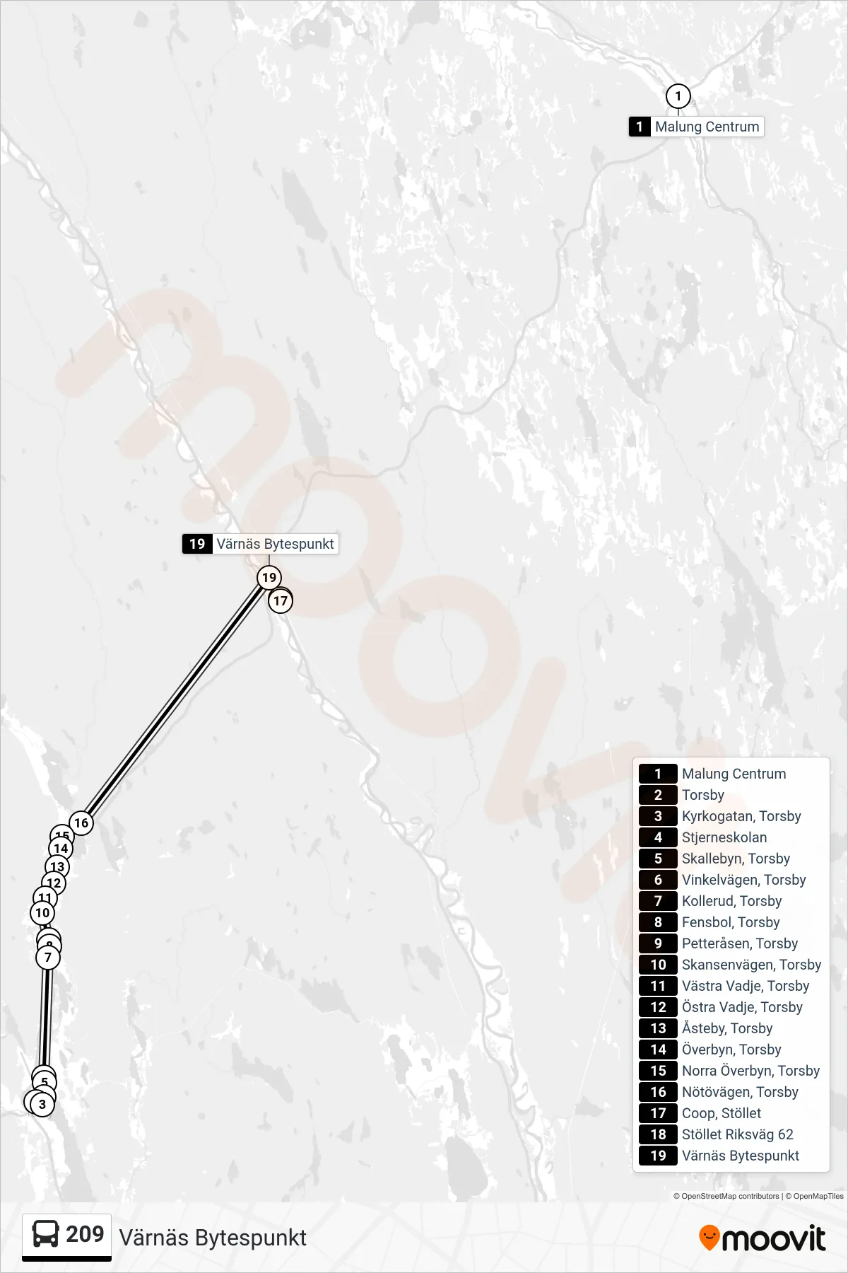Rutt och hållplatser på karta för linje 209  buss, (Värnäs Bytespunkt)