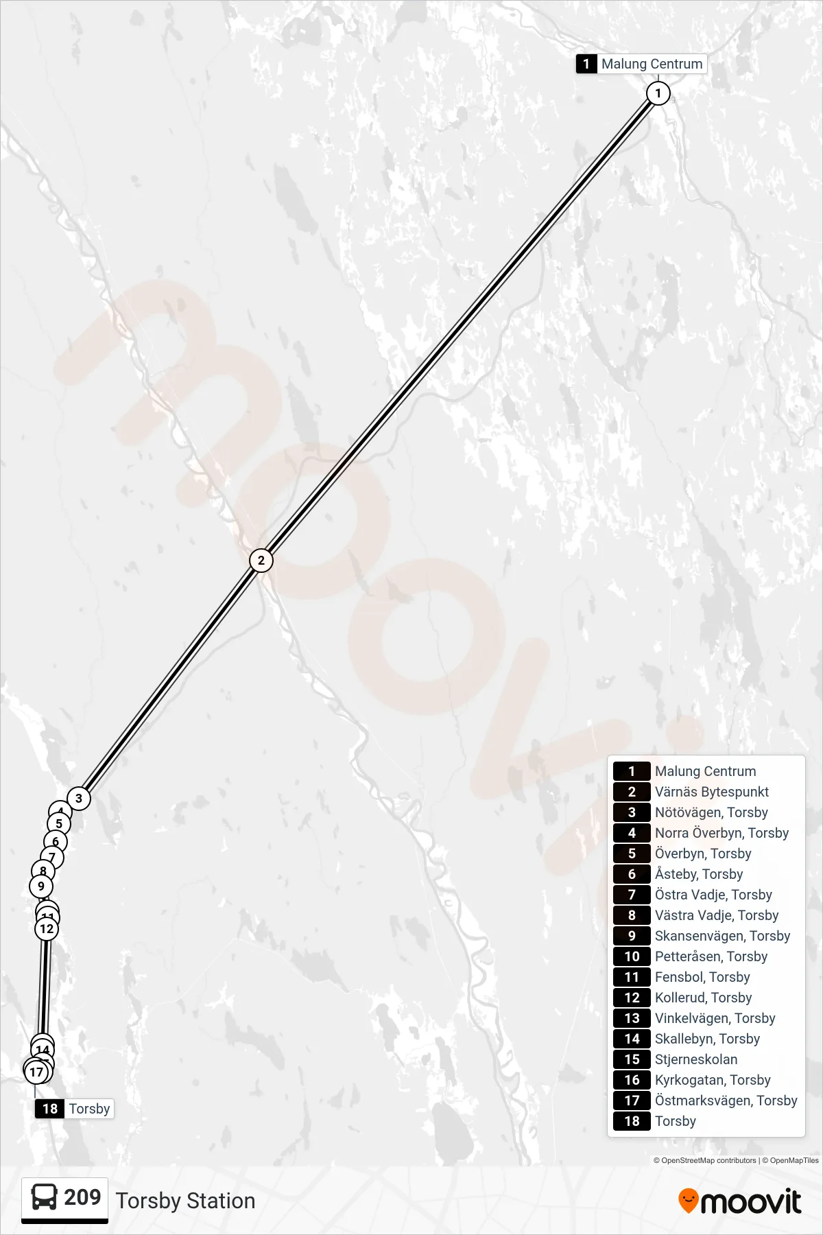 Rutt och hållplatser på karta för linje 209  buss, (Torsby Station)