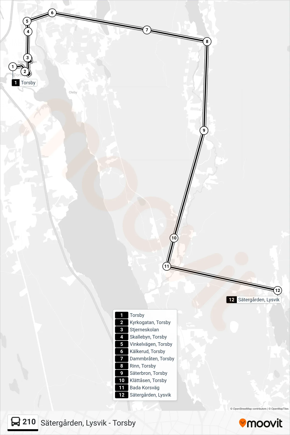 Rutt och hållplatser på karta för linje 210 buss, (Sätergården, Lysvik)