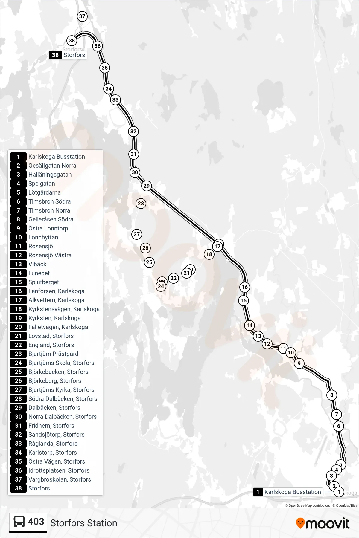 Rutt och hållplatser på karta för linje 403  buss, (Storfors Station)
