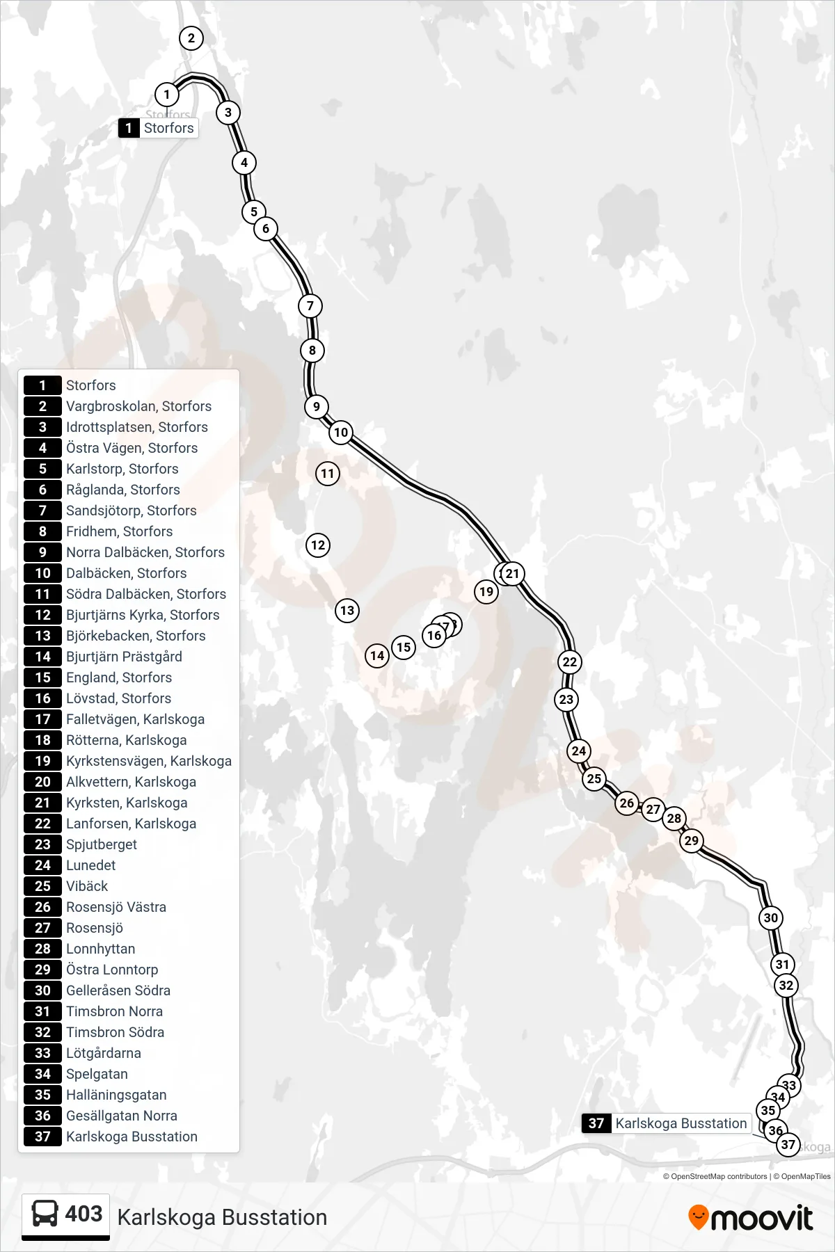 Rutt och hållplatser på karta för linje 403  buss, (Karlskoga Busstation)