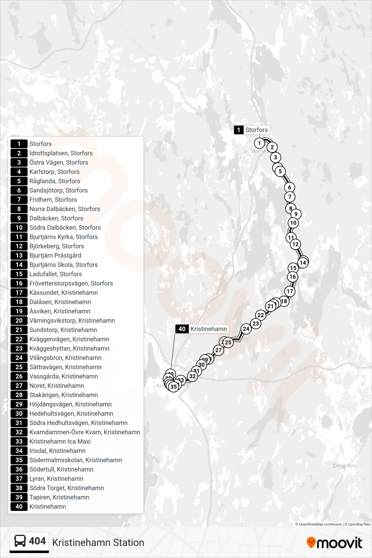 Rutt och hållplatser på karta för linje 404 buss, (Kristinehamn Station)