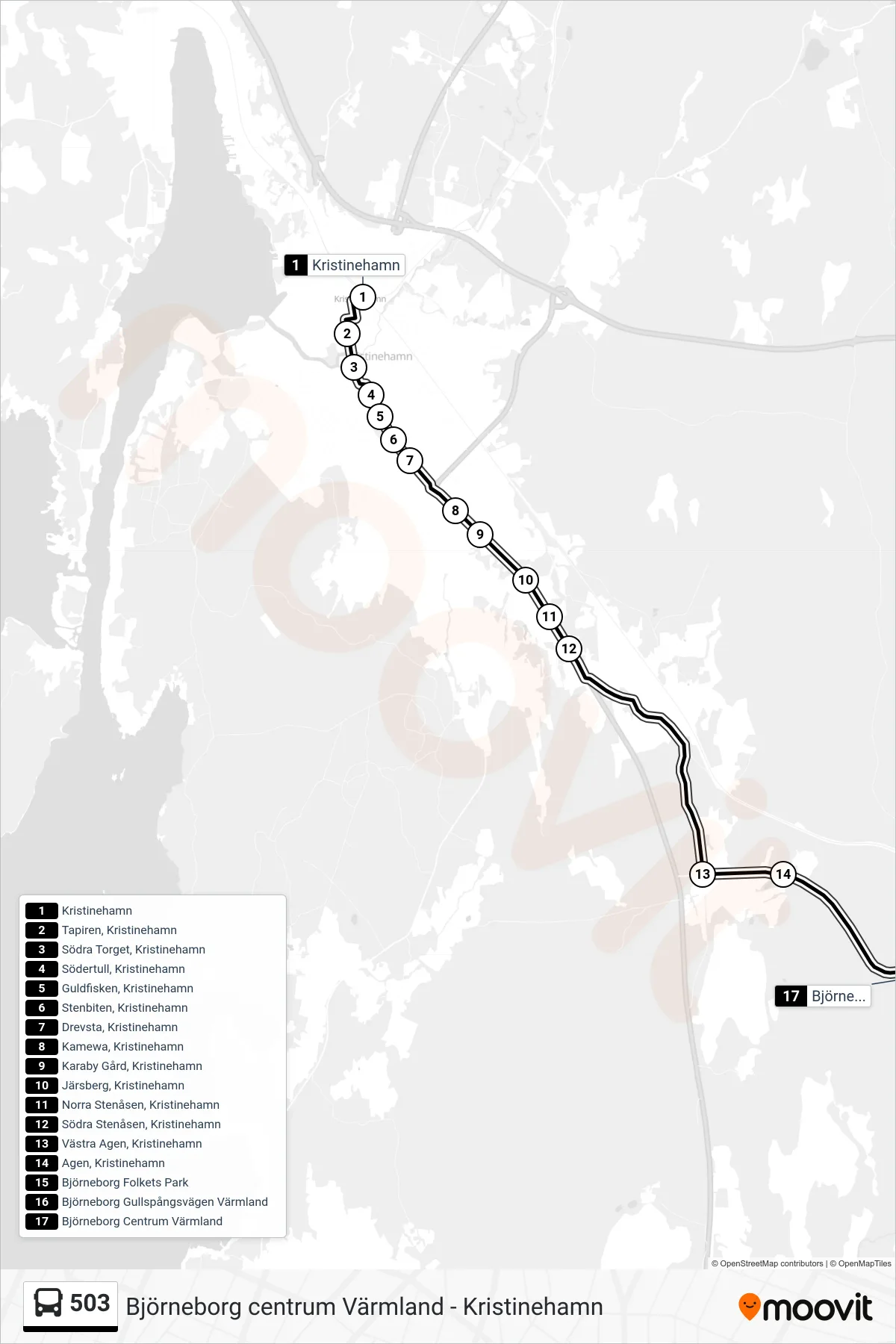 Rutt och hållplatser på karta för linje 503 buss, (Björneborg Centrum Värmland)