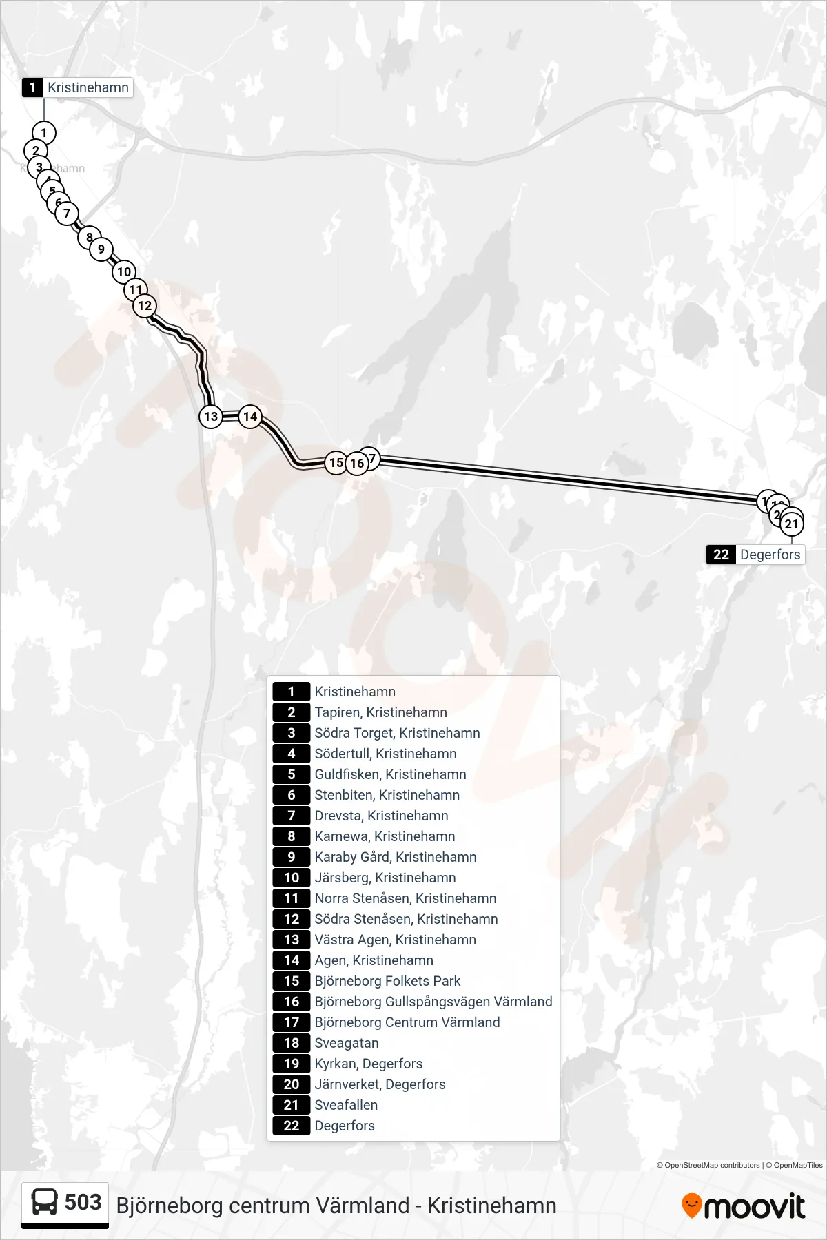 Rutt och hållplatser på karta för linje 503  buss, (Degerfors Station)