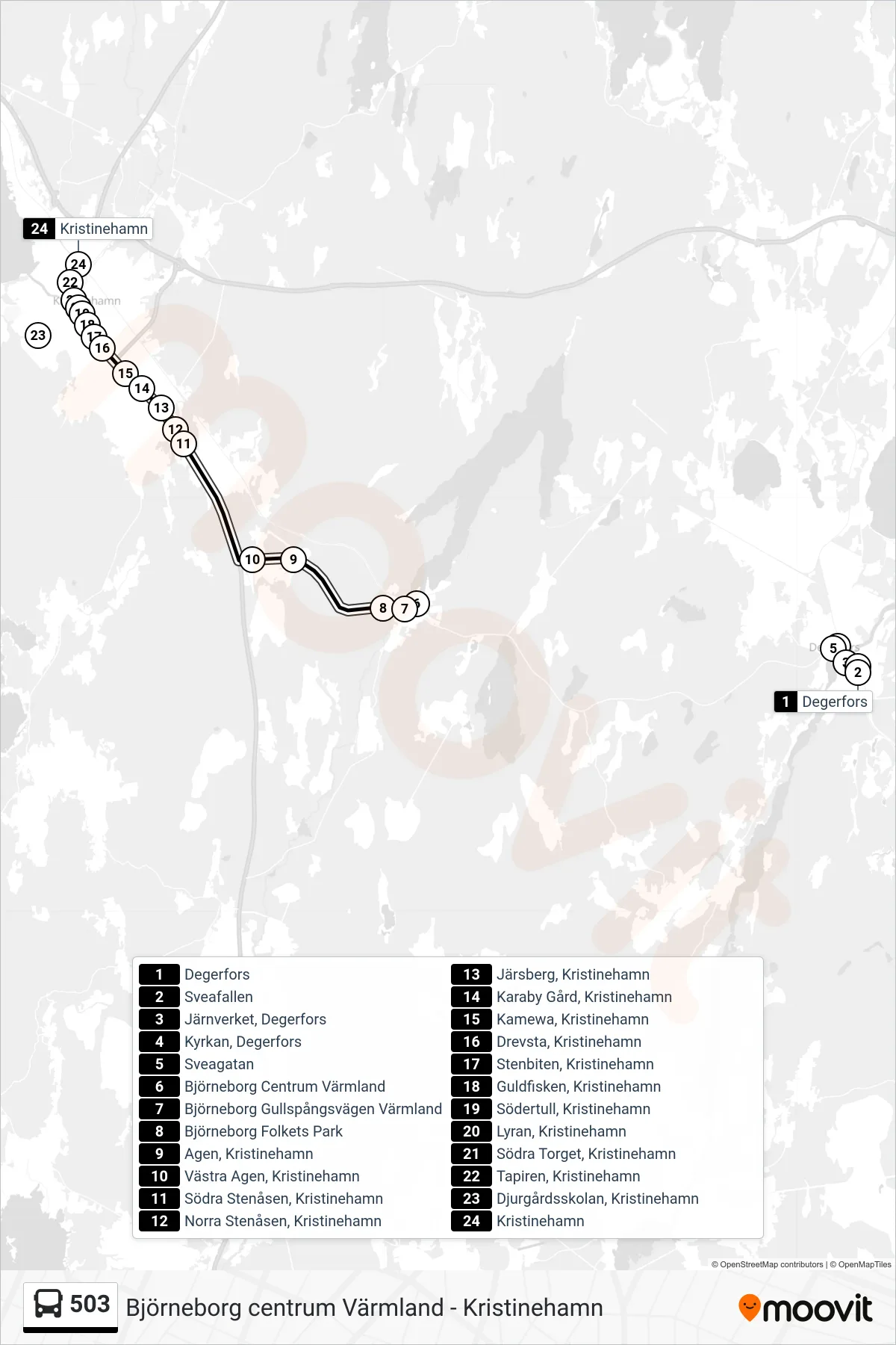 Rutt och hållplatser på karta för linje 503 buss, (Kristinehamn Station)