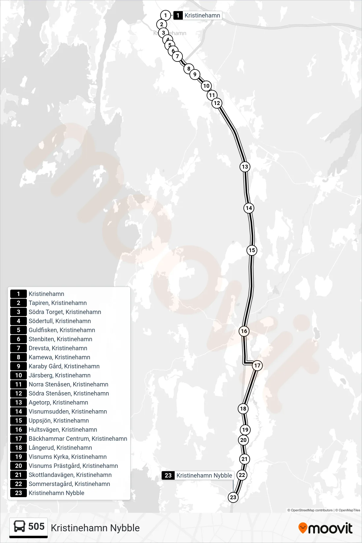 Rutt och hållplatser på karta för linje 505 buss, (Kristinehamn Nybble)